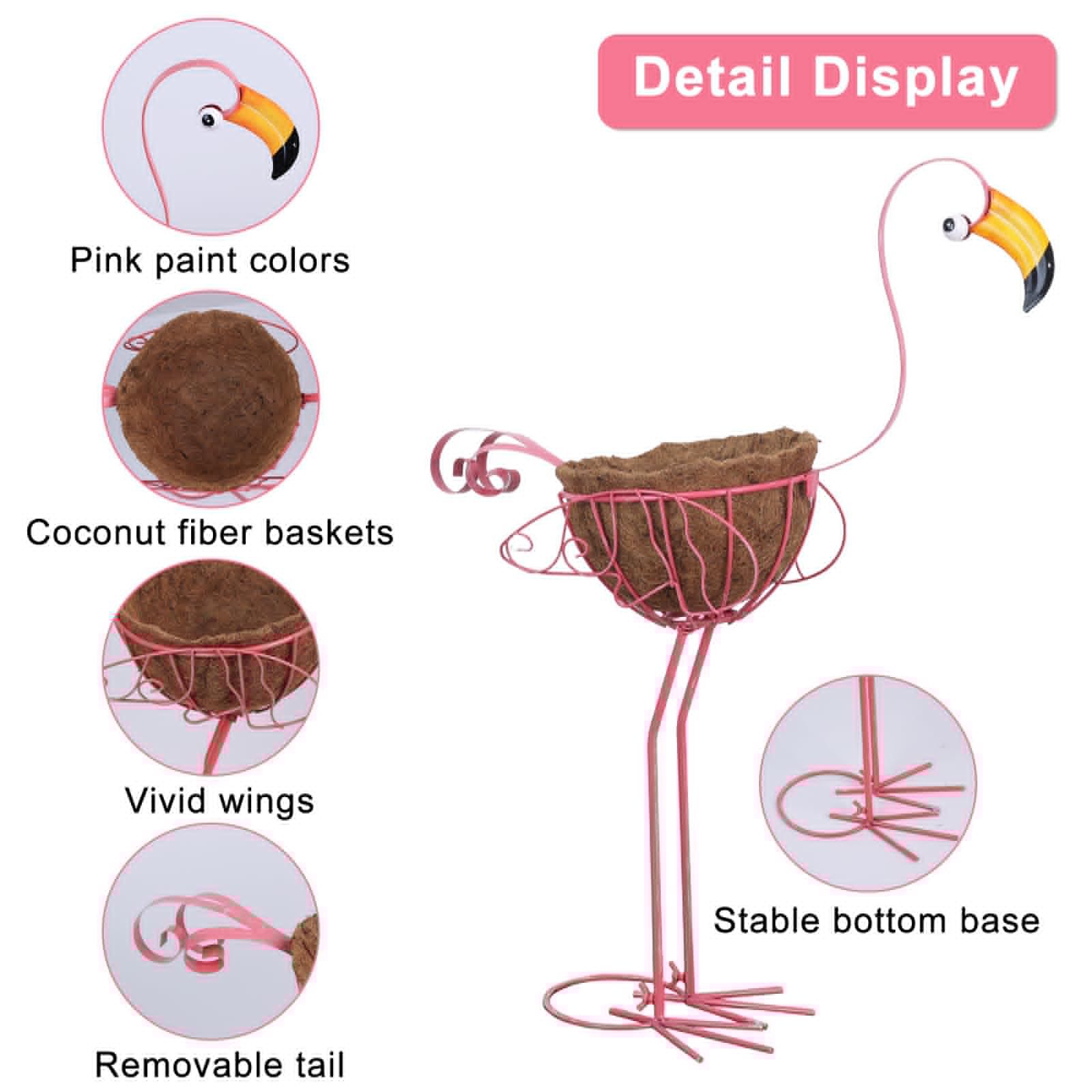 Set of 2 Pink Flamingo Planters with Basket, Metal Standing Flower Pots, Outdoor Yard Art Decor for Home Garden Porch Lawn Patio Pool