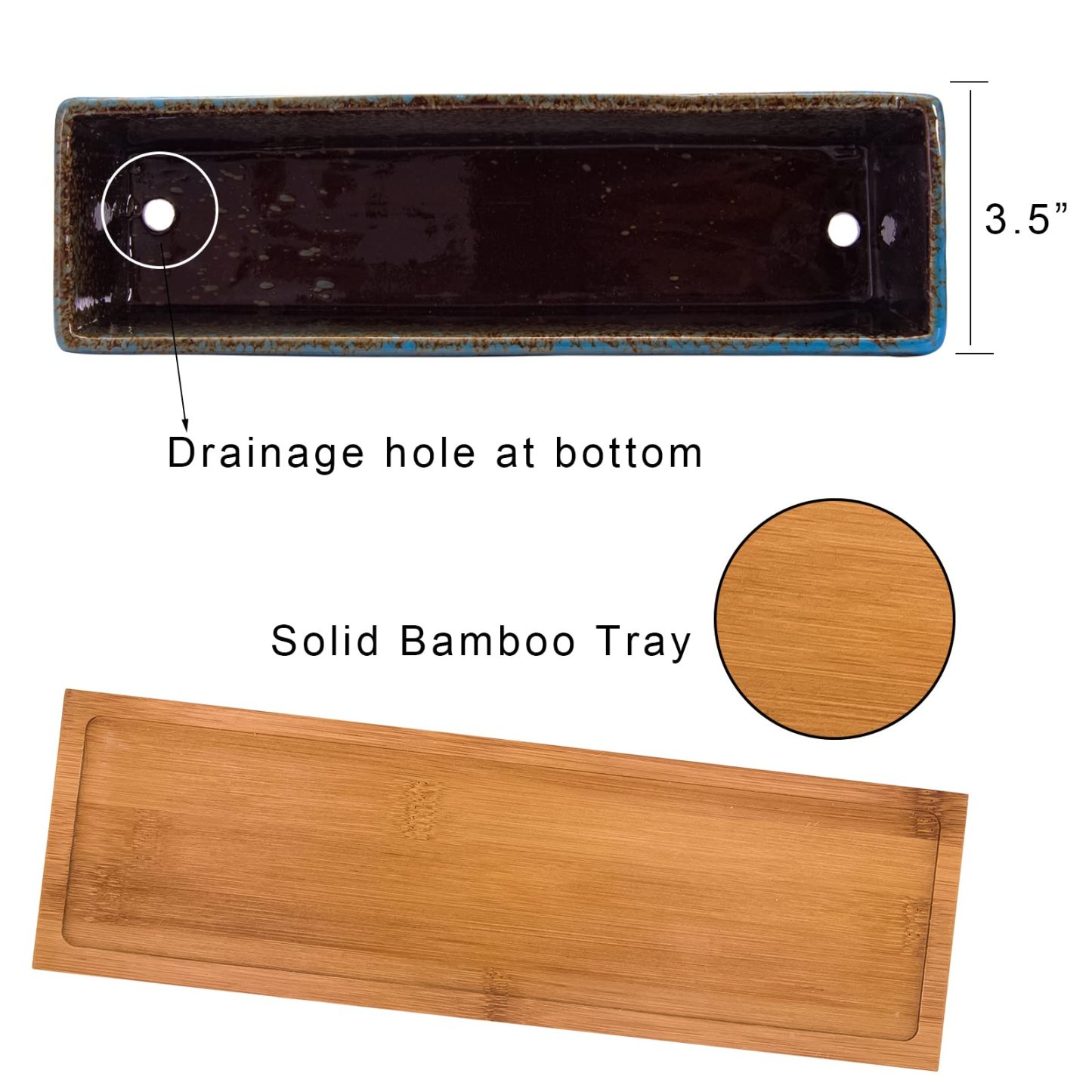 12 Inch Rectangular Ceramic Succulent Planter, Shallow Bonsai Flower Pot with Drainage Hole & Bamboo Tray, Home Garden Window Box for Cactus Plant Decor