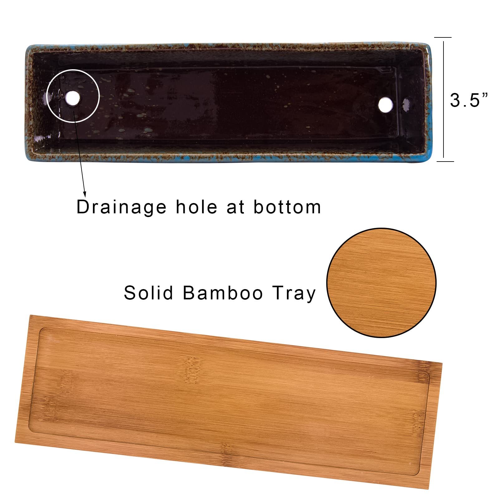 12 Inch Rectangular Ceramic Succulent Planter, Shallow Bonsai Flower Pot with Drainage Hole & Bamboo Tray, Home Garden Window Box for Cactus Plant Decor