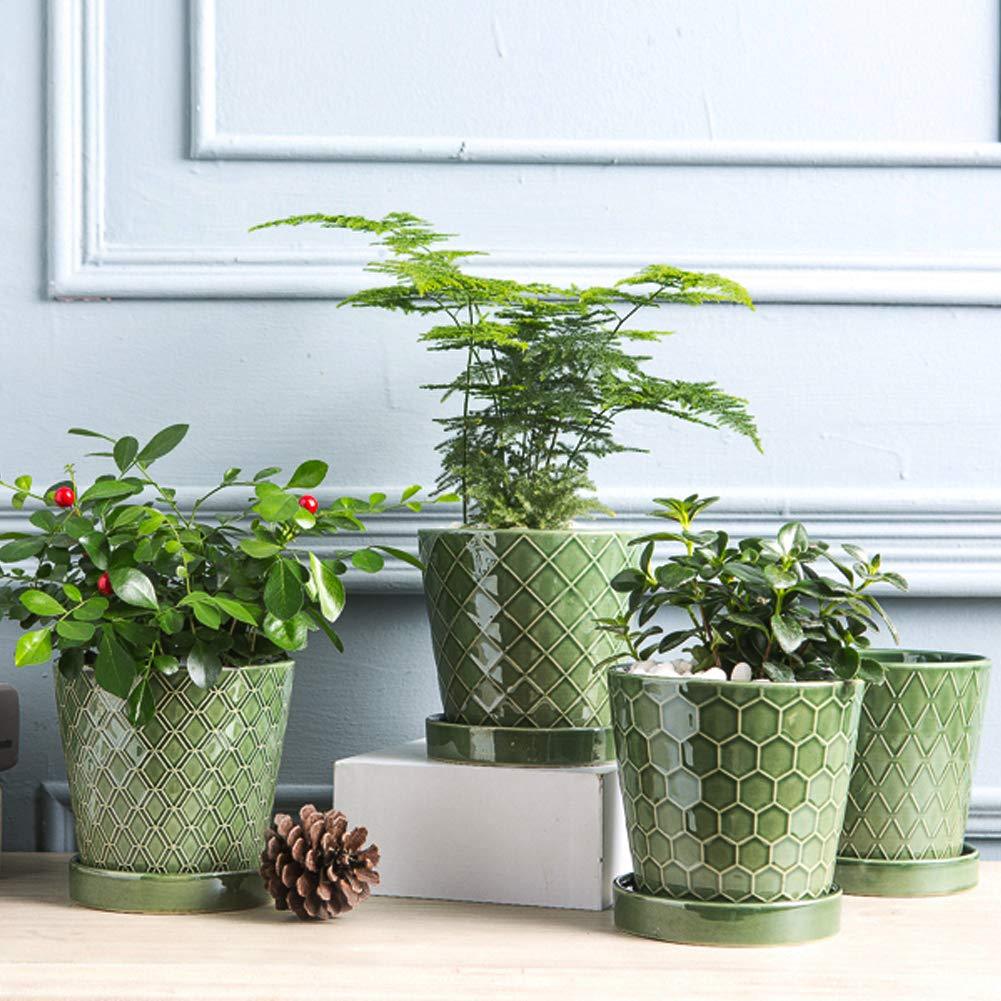 Set of 4 Ceramic Plant Pots, 5 Inch Indoor Flower Planters with Drainage Hole & Matching Tray, Decorative Plant Pots for Home Desktop Office Windowsill, Plants Not Included