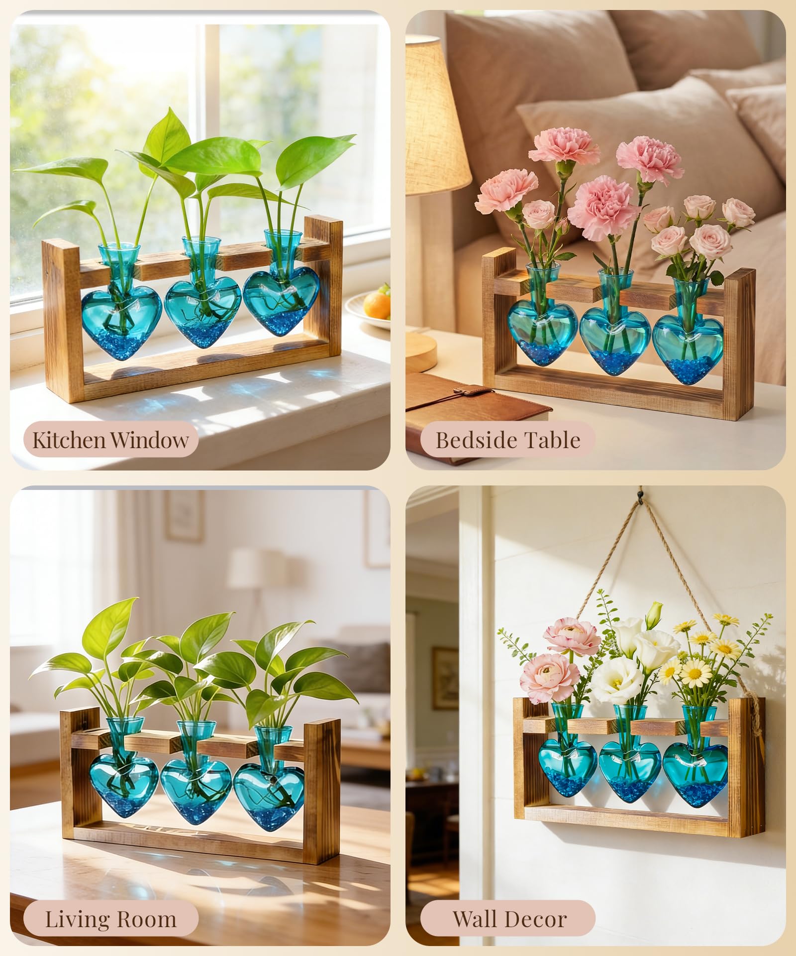Plant Terrarium Propagation Station, 3 Bulb Glass Vases with Wooden Stand, Mothers Day Gifts for Mom Plant Lovers Women Wife Daughter, Tabletop Hydroponic Planter for Home Garden Decor