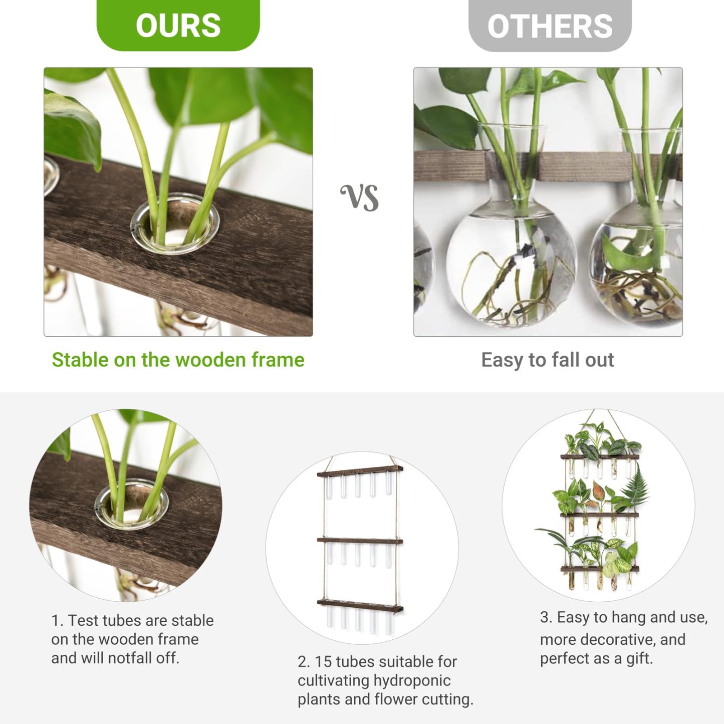 3 Tier Wall Hanging Plant Propagation Tubes, Wooden Frame Test Tube Glass Vase, Hydroponic Cuttings Terrarium, Home Garden Office Wall Decor Gift