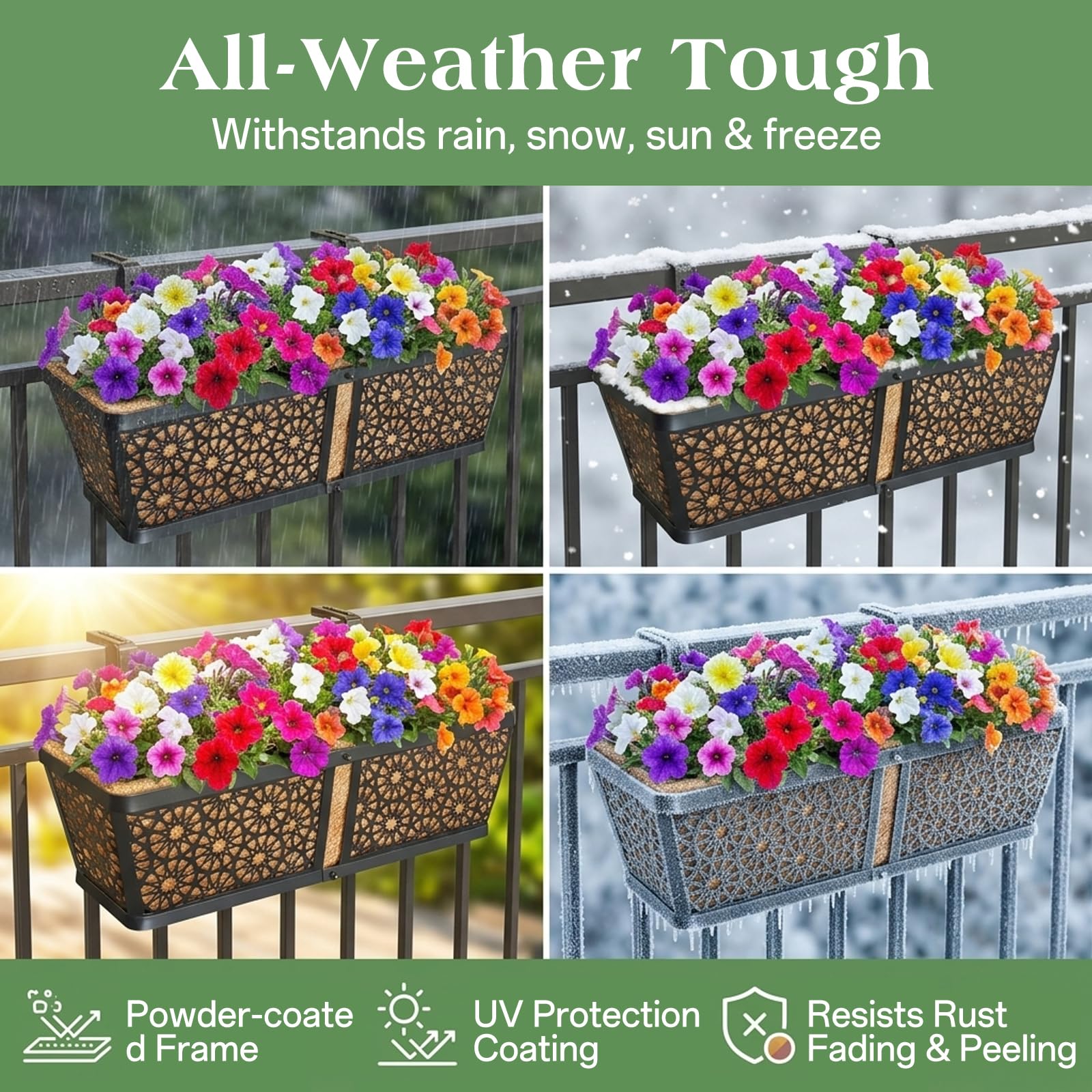 2 Pack 24 Inch Hanging Railing Planter Boxes, Window Flower Planters with Coco Liner & Adjustable Brackets for Outdoor Balcony Deck Fence
