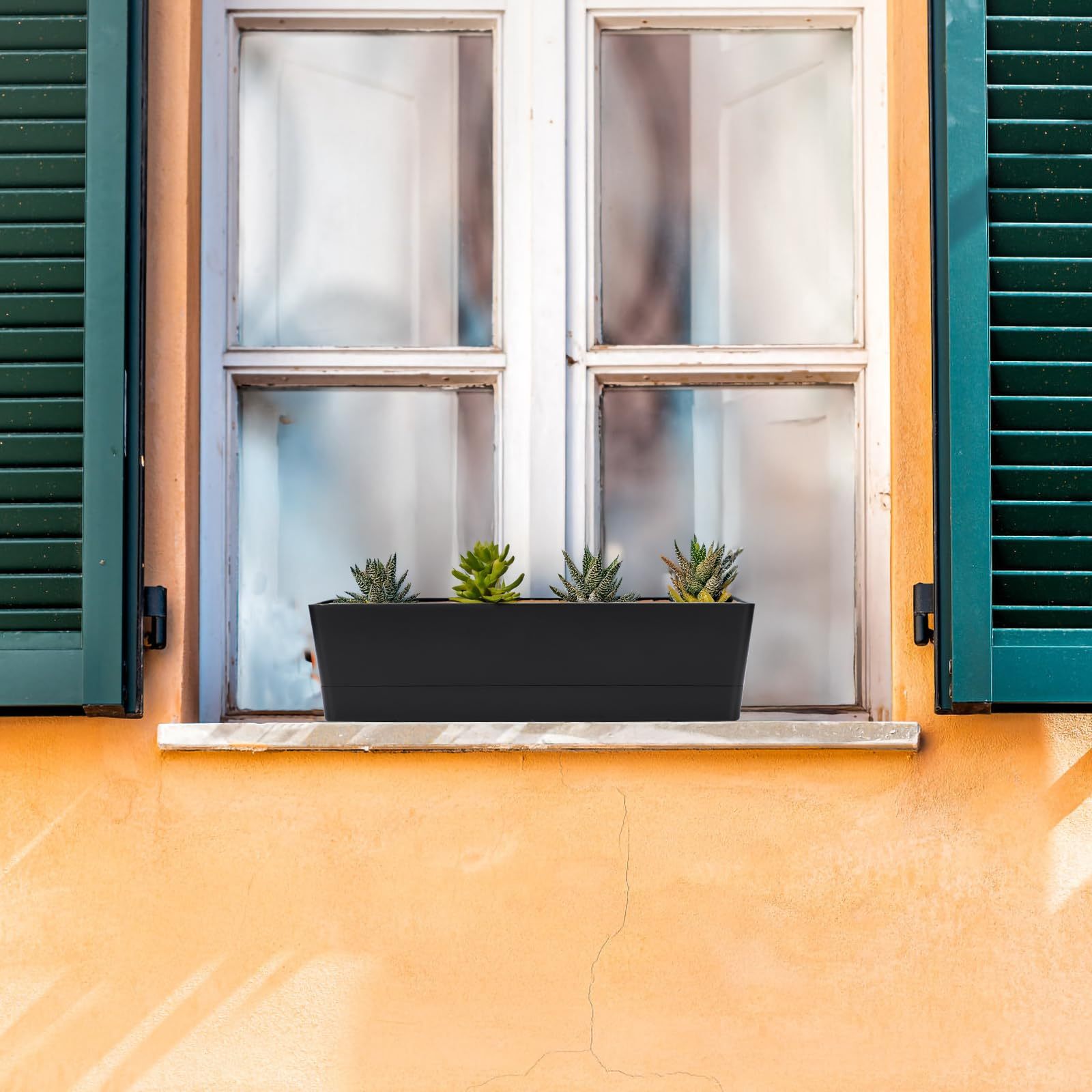 3 Pack 16x3.8 Inch Black Rectangular Plastic Planter Boxes, Flower Herb Succulent Pots with Drainage Holes & Tray for Indoor Outdoor Balcony Garden Windowsill