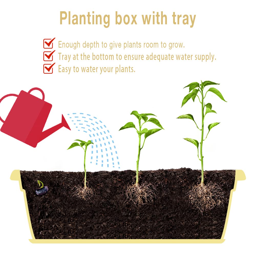 6 Pack 17 Inch Yellow Rectangular Plastic Planter Boxes with Tray, Flower Vegetable Pots for Windowsill Patio Balcony Indoor Outdoor