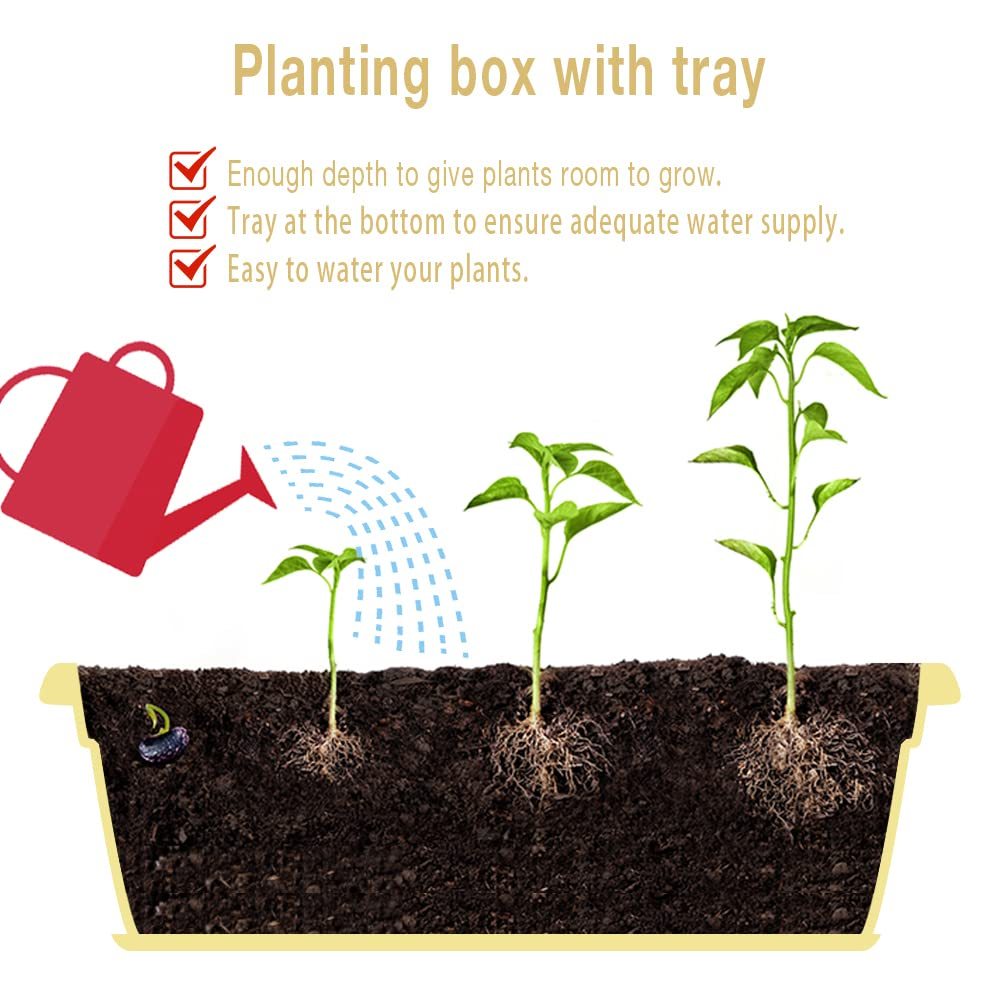 6 Pack 17 Inch Yellow Rectangular Plastic Planter Boxes with Tray, Flower Vegetable Pots for Windowsill Patio Balcony Indoor Outdoor