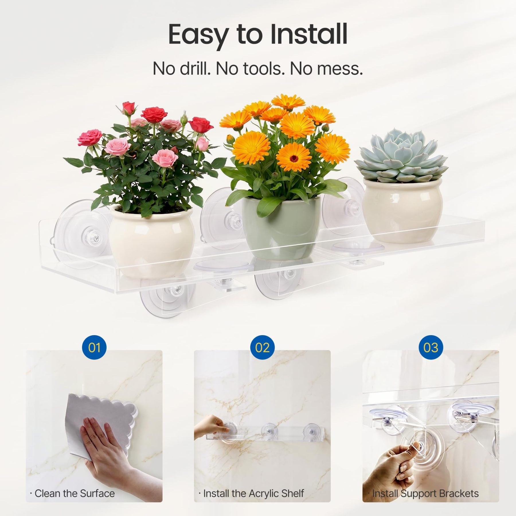 2 Pack 15.7 x 5.9 Inch Acrylic Window Plant Shelves, Heavy Duty Suction Cup Floating Shelf with Support Bracket for Indoor Succulents Plants