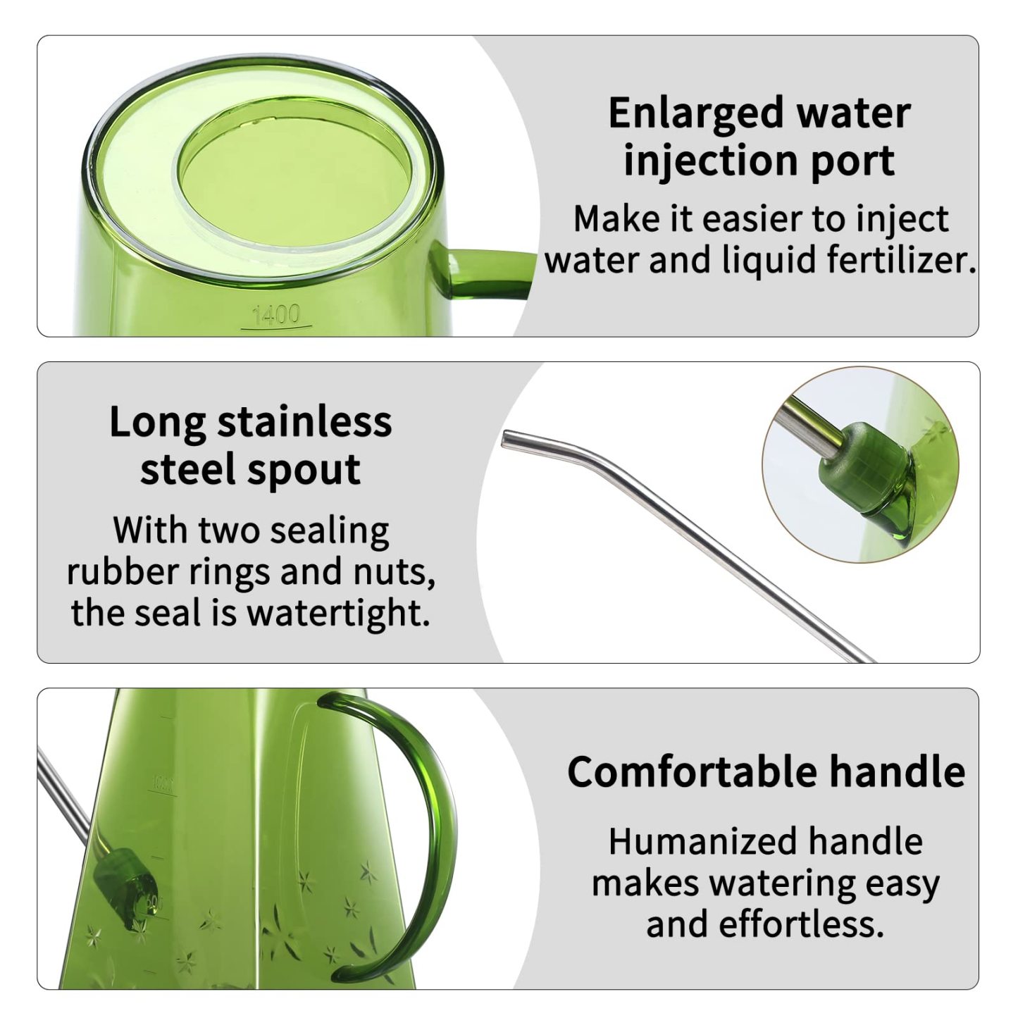 47oz Plastic Watering Can with Long Spout & Wide Opening, Green, Comes with 16oz Spray Bottle + 8.5oz Squeeze Bottle for House Plants