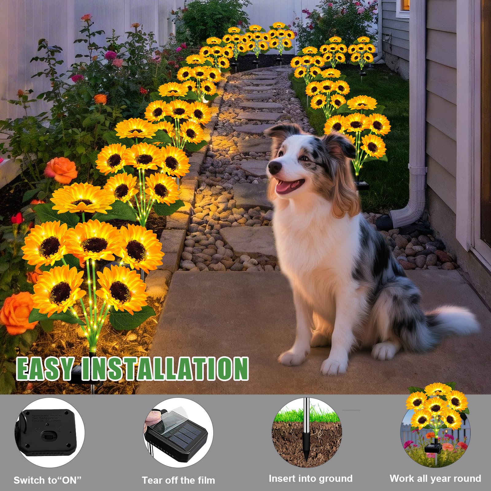 Solar Garden Lights, 4 Sets with 24 Sunflower LED Lights, Waterproof Flower Stake Lights, Outdoor Landscape Decor for Yard Patio Lawn, Sweet Gift for Mom Grandma