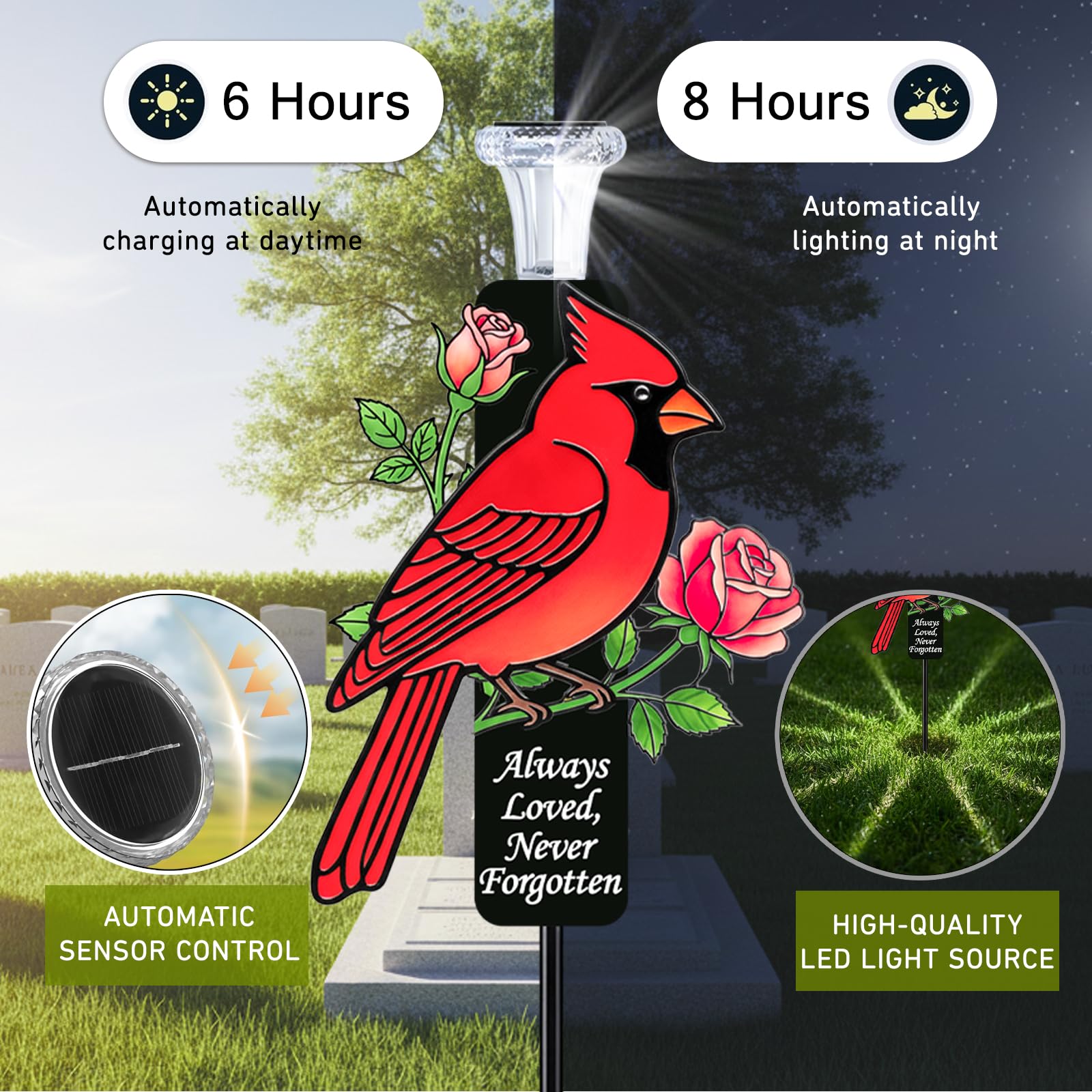 Red Cardinal Solar Memorial Stakes, Metal Cemetery Grave Decor with LED Lights, Sympathy Bereavement Gift for Loss of Mom, Grandma & Loved Ones