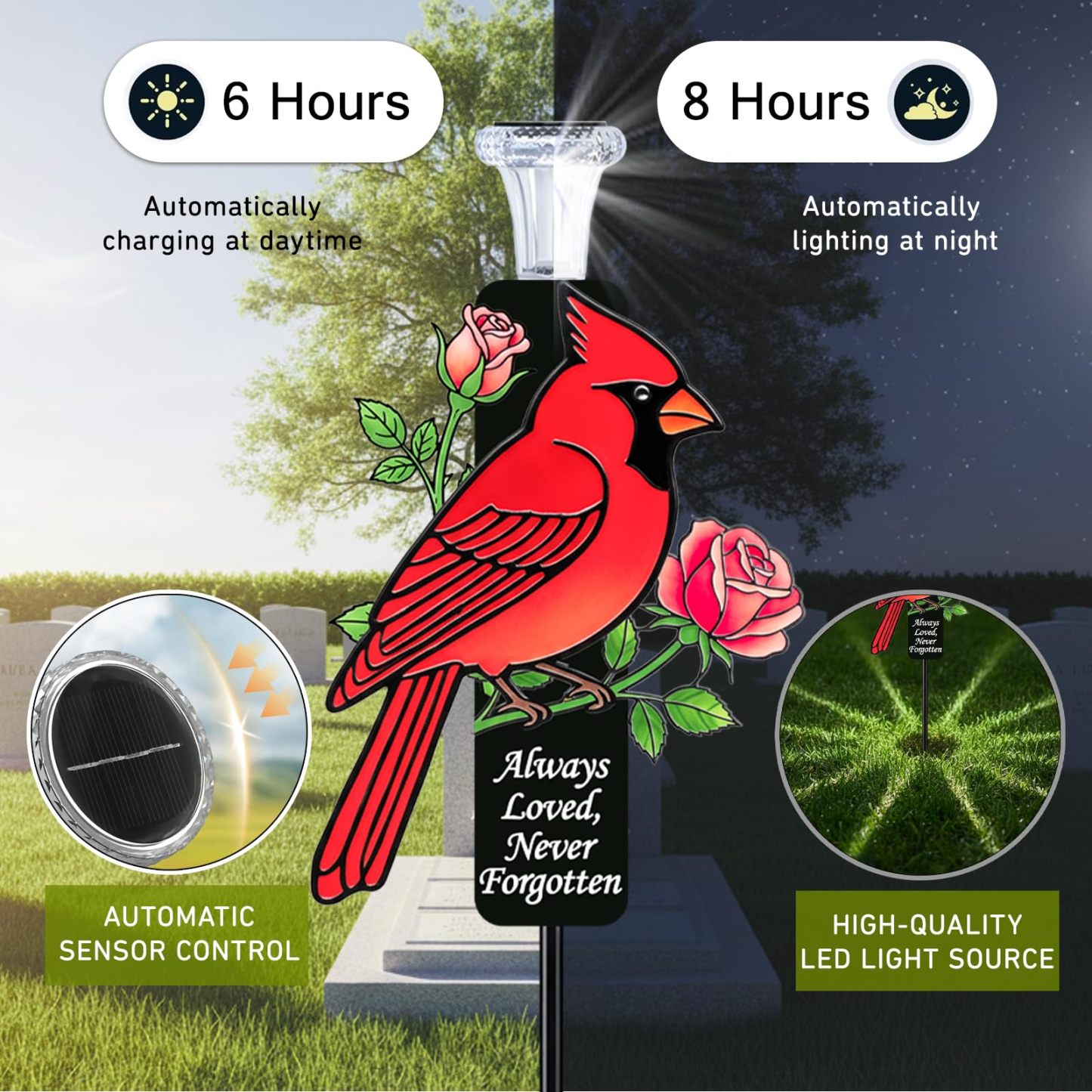 Red Cardinal Solar Memorial Stakes, Metal Cemetery Grave Decor with LED Lights, Sympathy Bereavement Gift for Loss of Mom, Grandma & Loved Ones