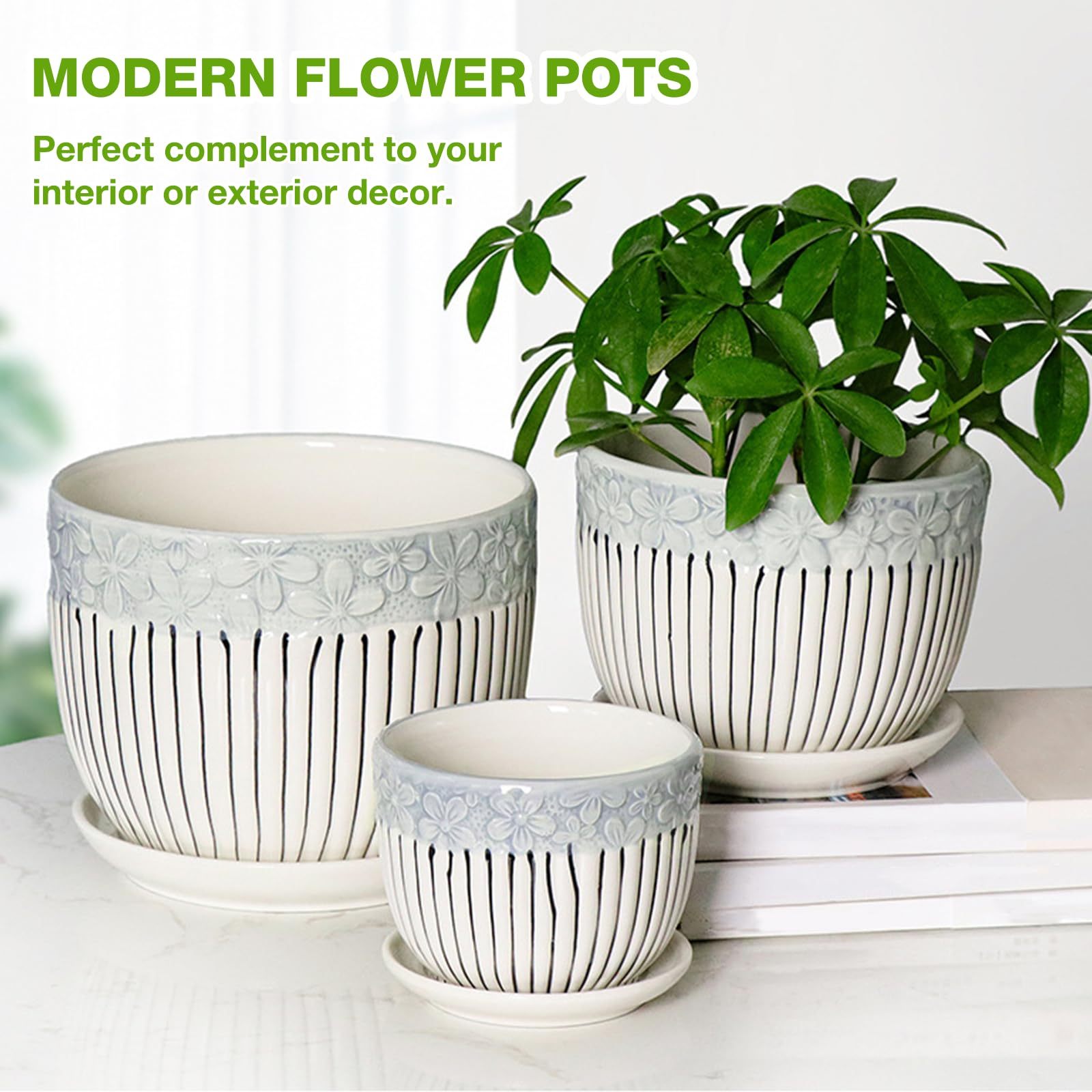 Ceramic Plant Pots Set of 3, 6.75/5.6/4.2 Inch Planters with Drainage Holes & Saucers, Modern Decorative Flower Pots for Indoor Outdoor House Plants, Succulents & Garden Decor