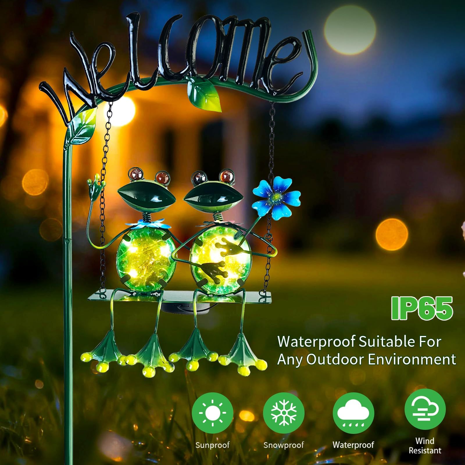 48 Inch Solar Frog Swing Garden Stake, Waterproof Outdoor Landscape Lights with Welcome Sign, Decorative Yard Patio Ornament, Gift for Mom & Women