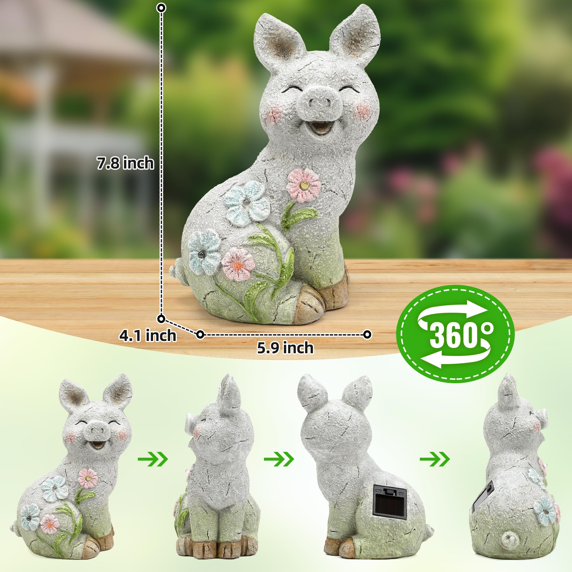 Solar Powered Pig Statue with LED Lights, Outdoor Resin Pig Figurine Garden Decor for Yard Lawn Patio Balcony, Unique Birthday Housewarming Gift for Mom & Women
