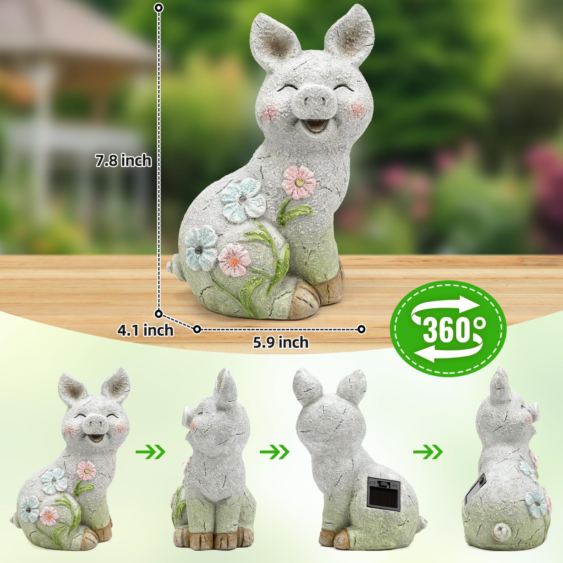 Solar Powered Pig Statue with LED Lights, Outdoor Resin Pig Figurine Garden Decor for Yard Lawn Patio Balcony, Unique Birthday Housewarming Gift for Mom & Women