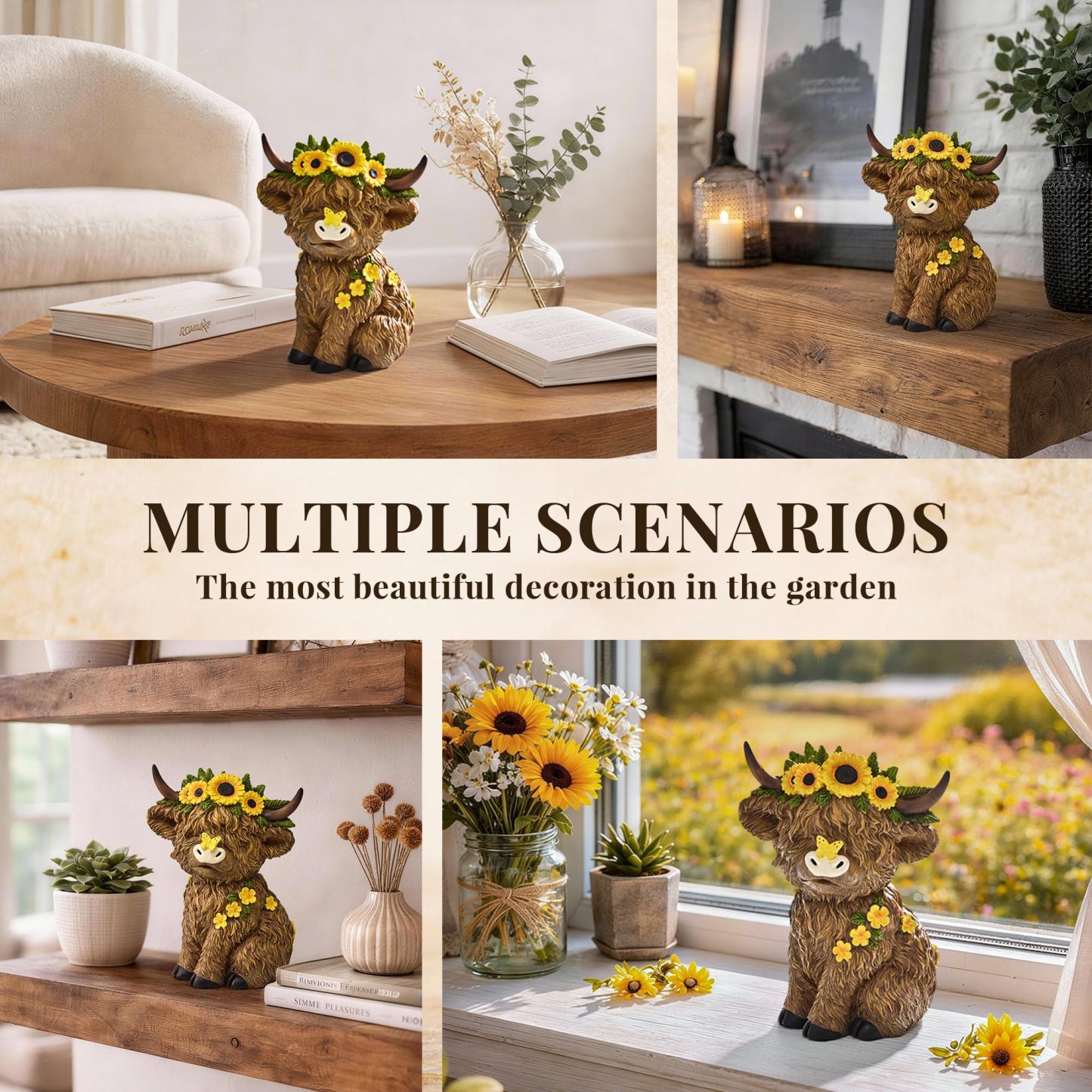 8 Inch Highland Cow Statue, Resin Highland Cow Figurine Indoor Outdoor Decor for Patio Yard Lawn Windowsill, Lovely Garden Gift for Mom & Friends