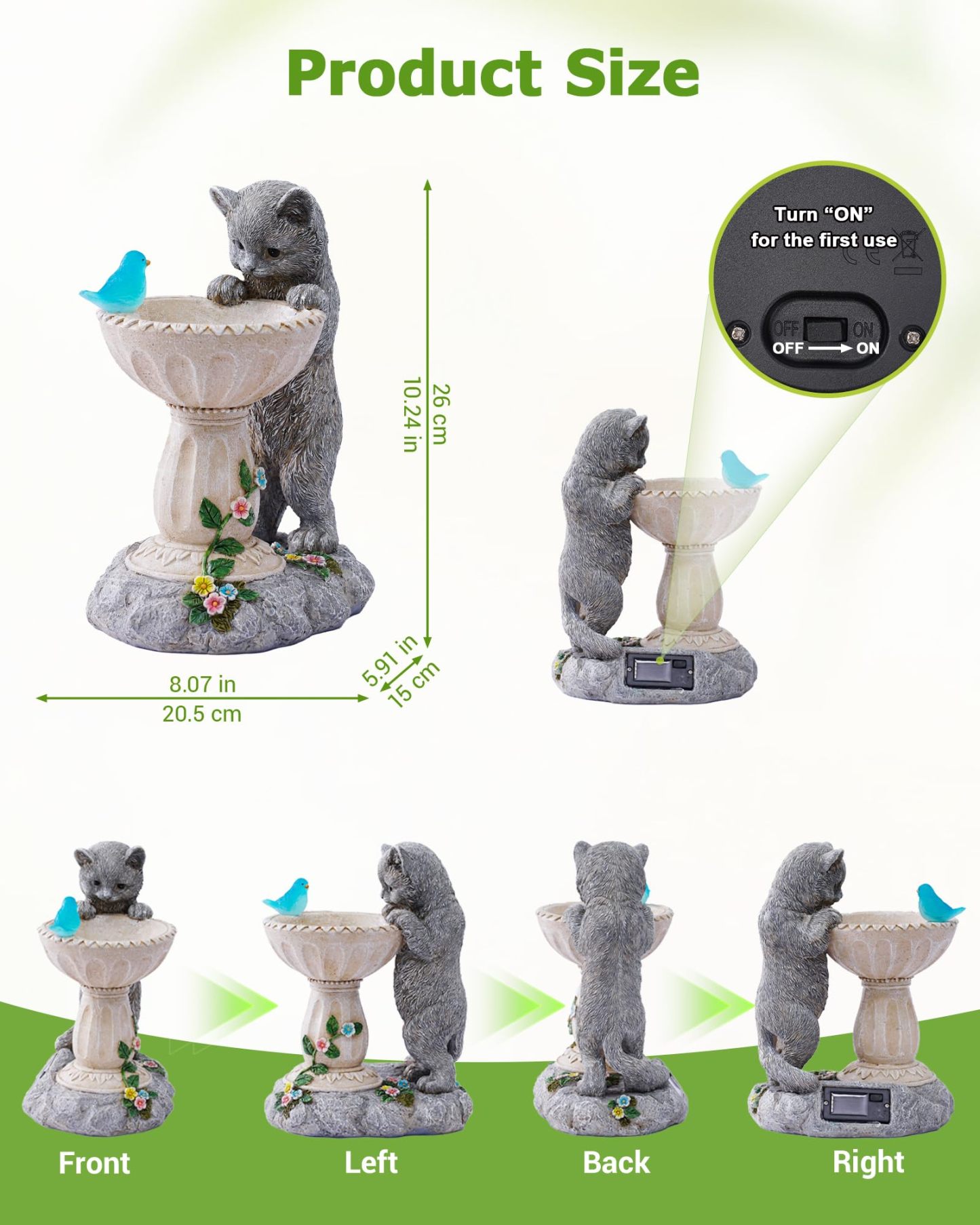 Solar Powered Cat Garden Statue with Auto LED Lights, IP44 Waterproof Resin Outdoor Figurine for Yard Patio Balcony, Unique Birthday Gift for Mom, Grandma & Bird Lovers