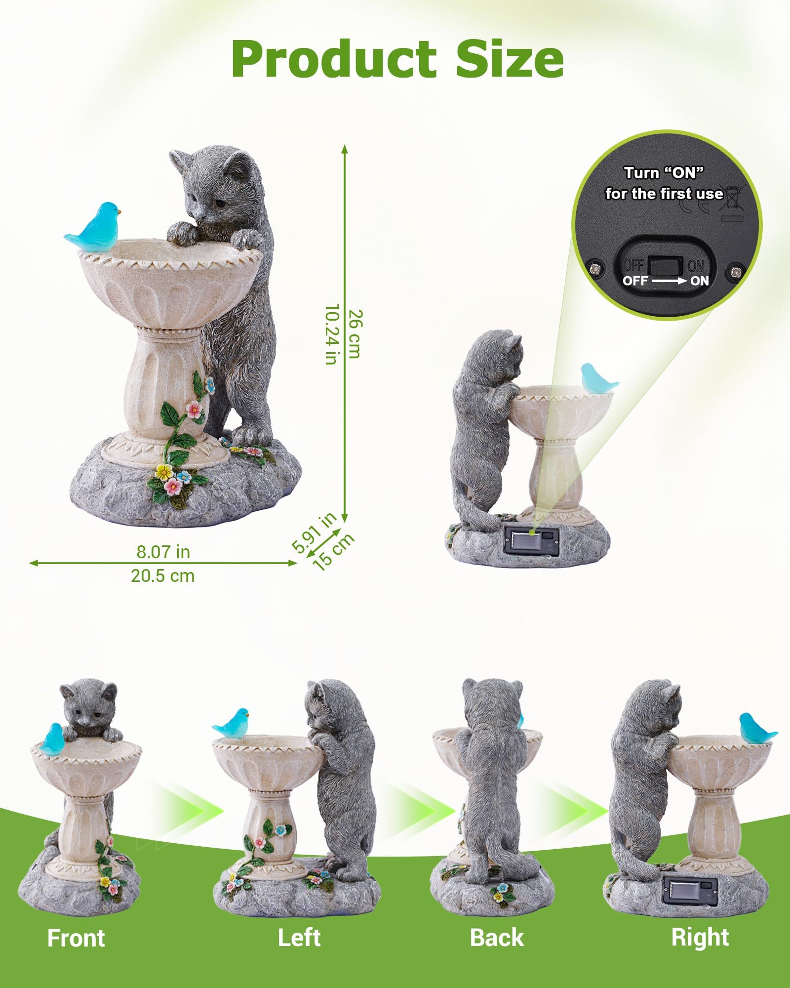 Solar Powered Cat Garden Statue with Auto LED Lights, IP44 Waterproof Resin Outdoor Figurine for Yard Patio Balcony, Unique Birthday Gift for Mom, Grandma & Bird Lovers