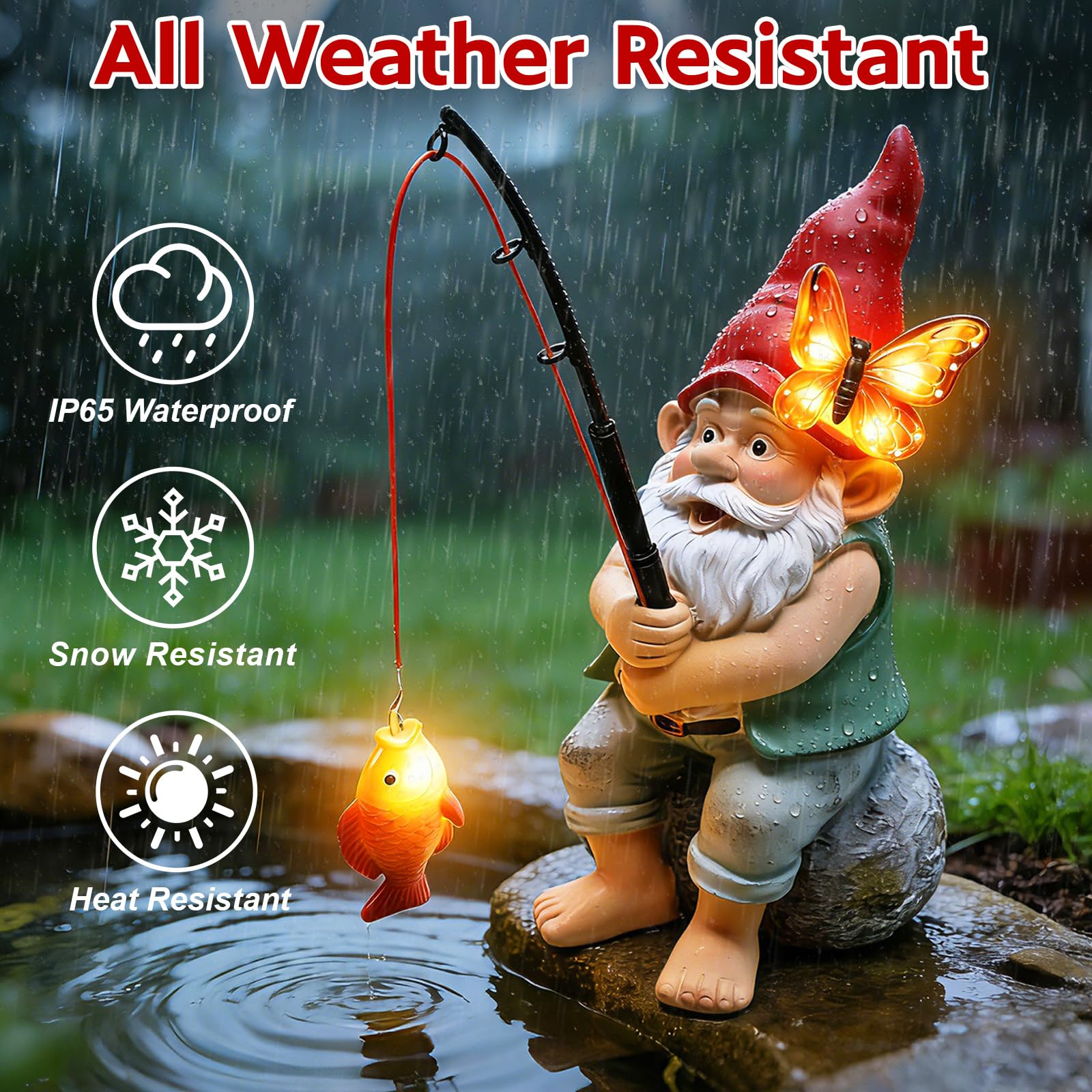 Solar Fishing Garden Gnome Statue with Butterfly Solar LED Lights, Waterproof Outdoor Figurine Ornament for Yard Patio Lawn Porch Decor, Perfect Mother’s Day & Birthday Gifts for Mom Women