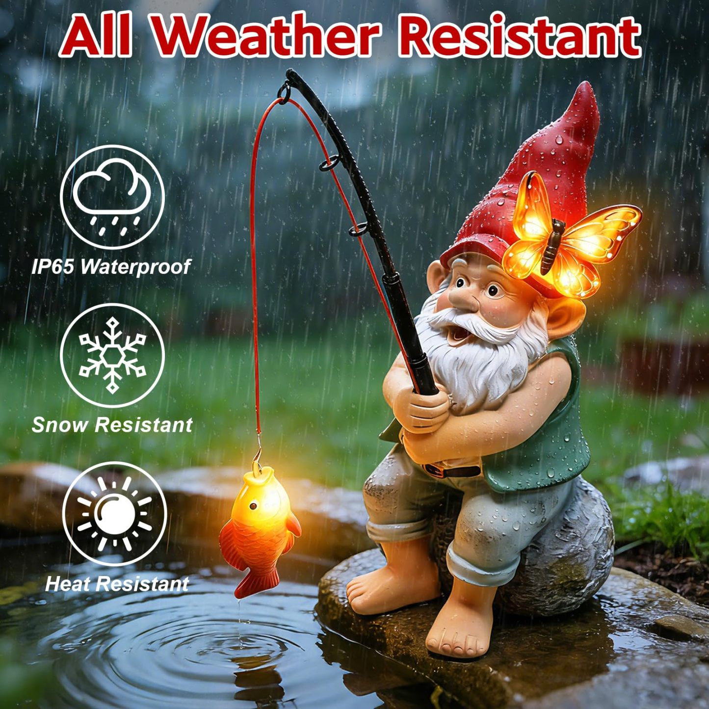 Solar Fishing Garden Gnome Statue with Butterfly Solar LED Lights, Waterproof Outdoor Figurine Ornament for Yard Patio Lawn Porch Decor, Perfect Mother’s Day & Birthday Gifts for Mom Women