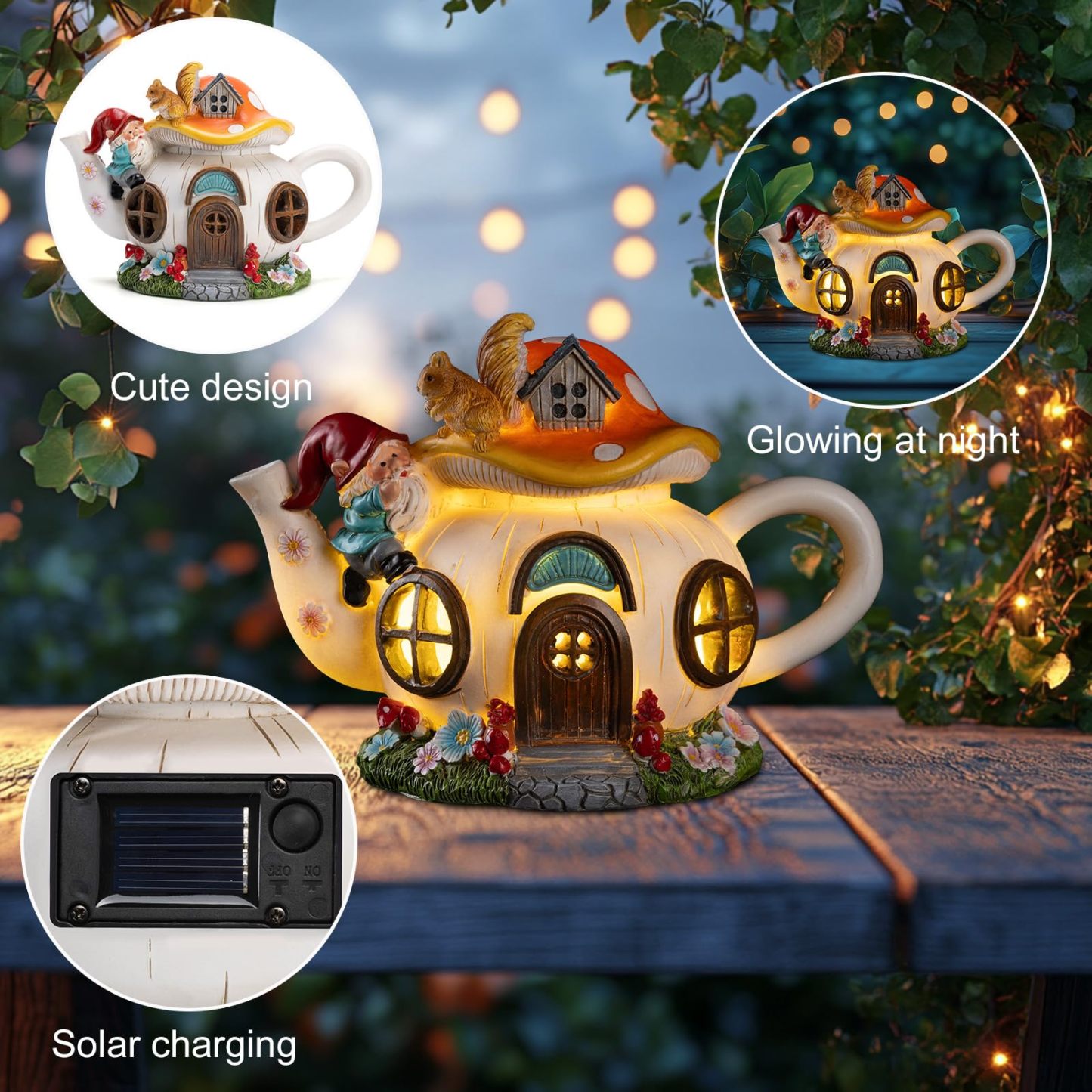 Solar Fairy House Statue with Gnome & Squirrel Figurines, Waterproof Outdoor Fairy Garden Accessories for Yard Patio Lawn Balcony, Gifts for Mom & Grandma