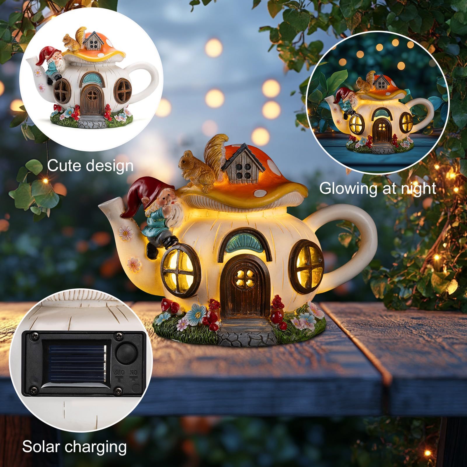 Solar Fairy House Statue with Gnome & Squirrel Figurines, Waterproof Outdoor Fairy Garden Accessories for Yard Patio Lawn Balcony, Gifts for Mom & Grandma