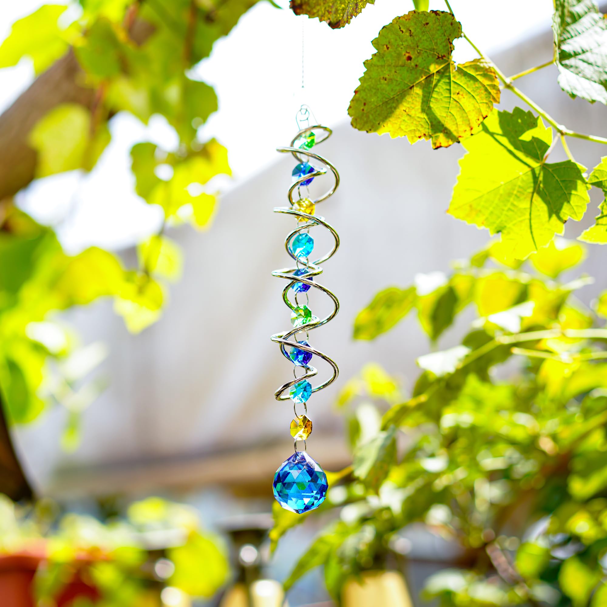 20.5 Inch Double Spiral Wind Spinner with Sea Blue Crystal Gazing Ball, Hanging Sun Catcher Rainbow Maker for Indoor Outdoor Decor
