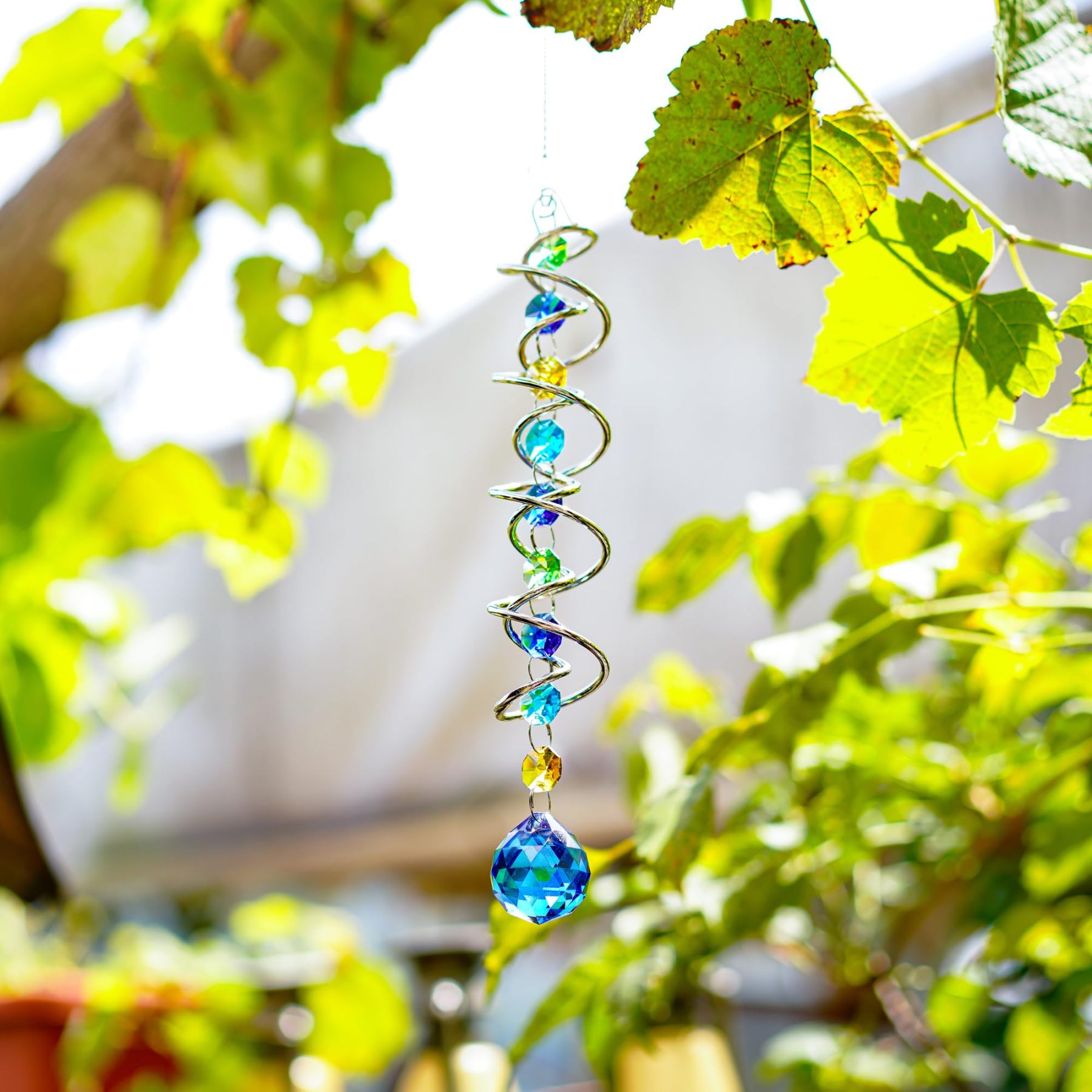 20.5 Inch Double Spiral Wind Spinner with Sea Blue Crystal Gazing Ball, Hanging Sun Catcher Rainbow Maker for Indoor Outdoor Decor