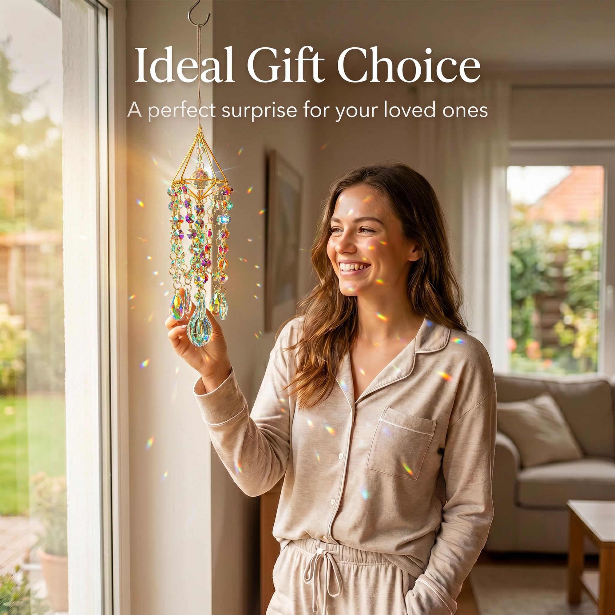 Handmade Gold Plated Crystal Suncatchers | Window Hanging Rainbow Prism Sun Catcher, Indoor Outdoor Garden Wind Chime Decor