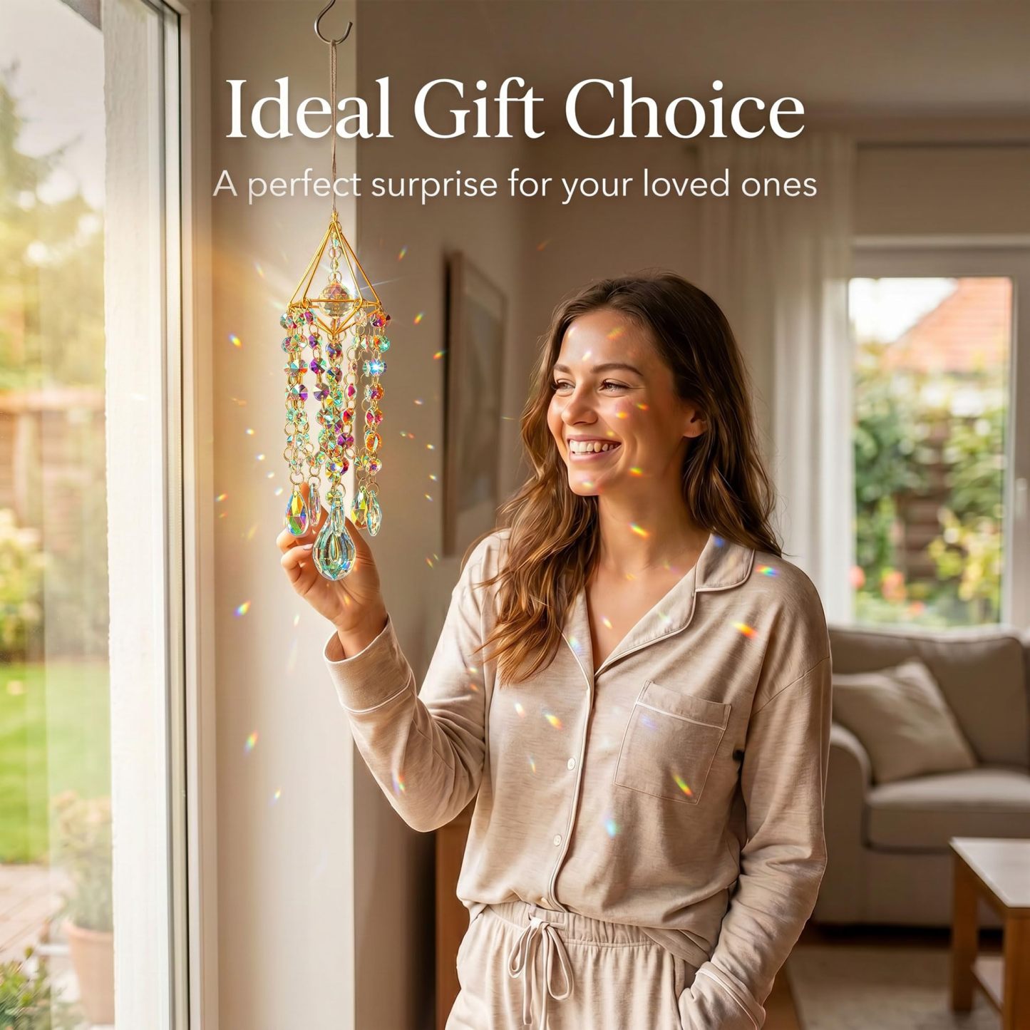 Handmade Gold Plated Crystal Suncatchers | Window Hanging Rainbow Prism Sun Catcher, Indoor Outdoor Garden Wind Chime Decor