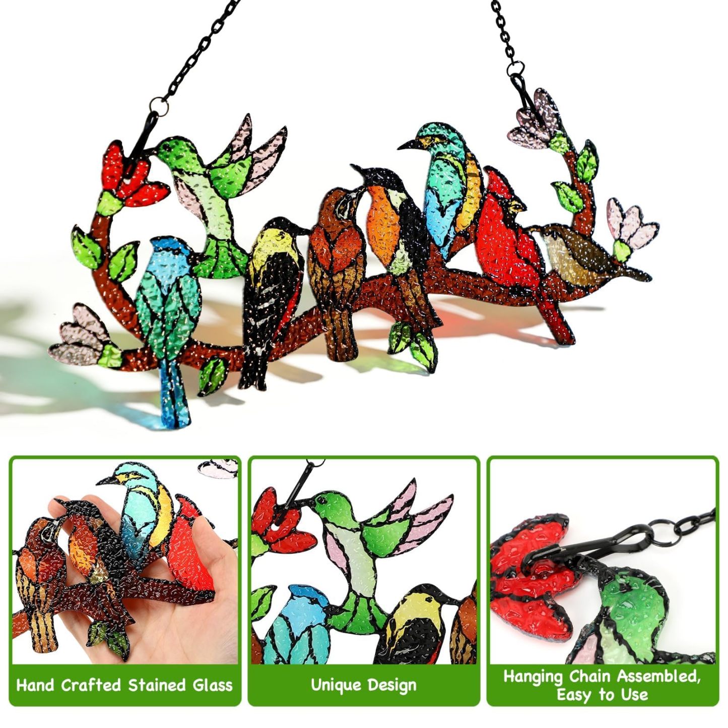 Stained Glass Birds on Branch Suncatcher, Cardinal Hummingbird Kingfisher Double Sided Window Hanging Ornament, Gift for Bird Lovers