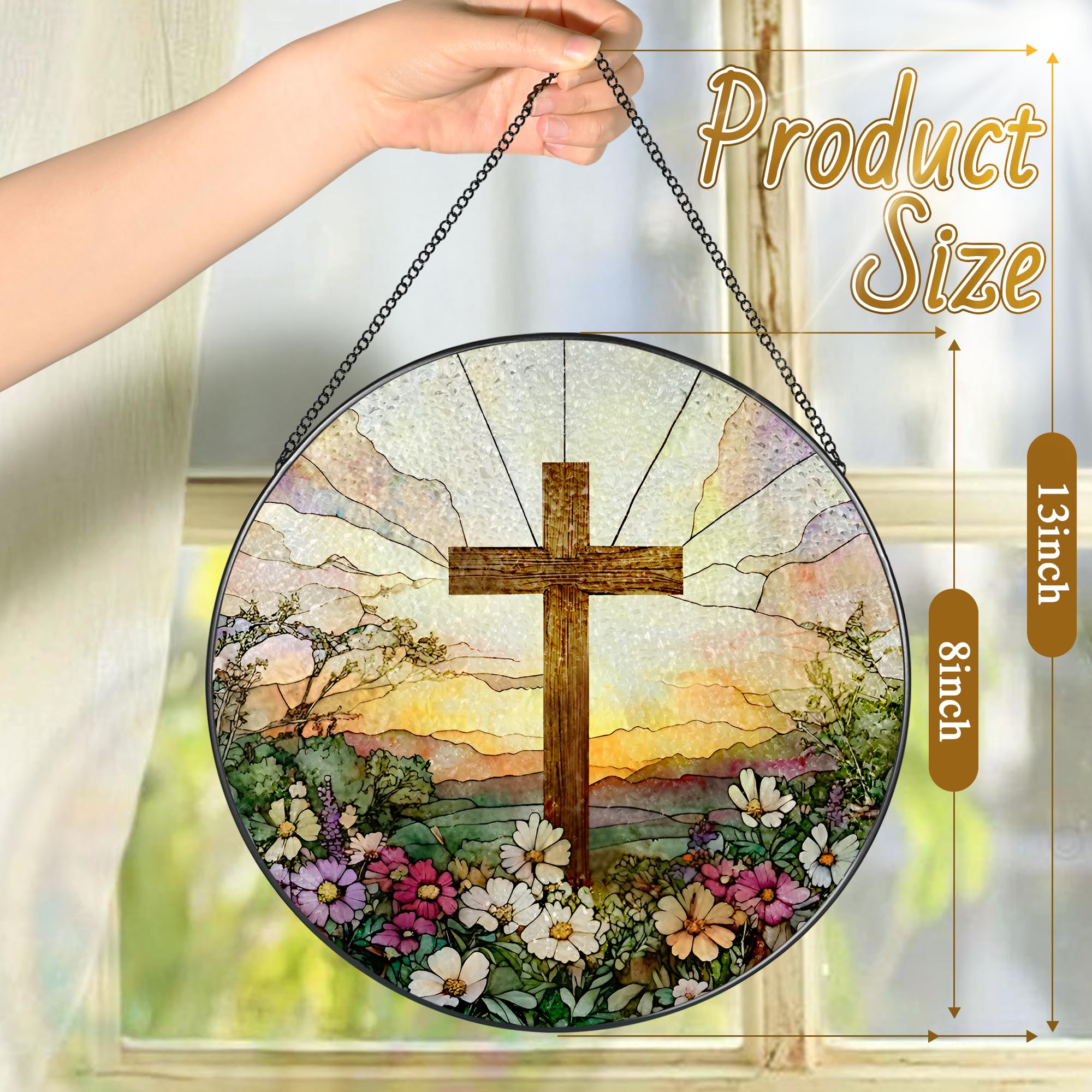 8 Inch Stained Glass Cross with Wildflowers Suncatcher, Christian Window Hanging Decor, Religious Easter & Faith Gift