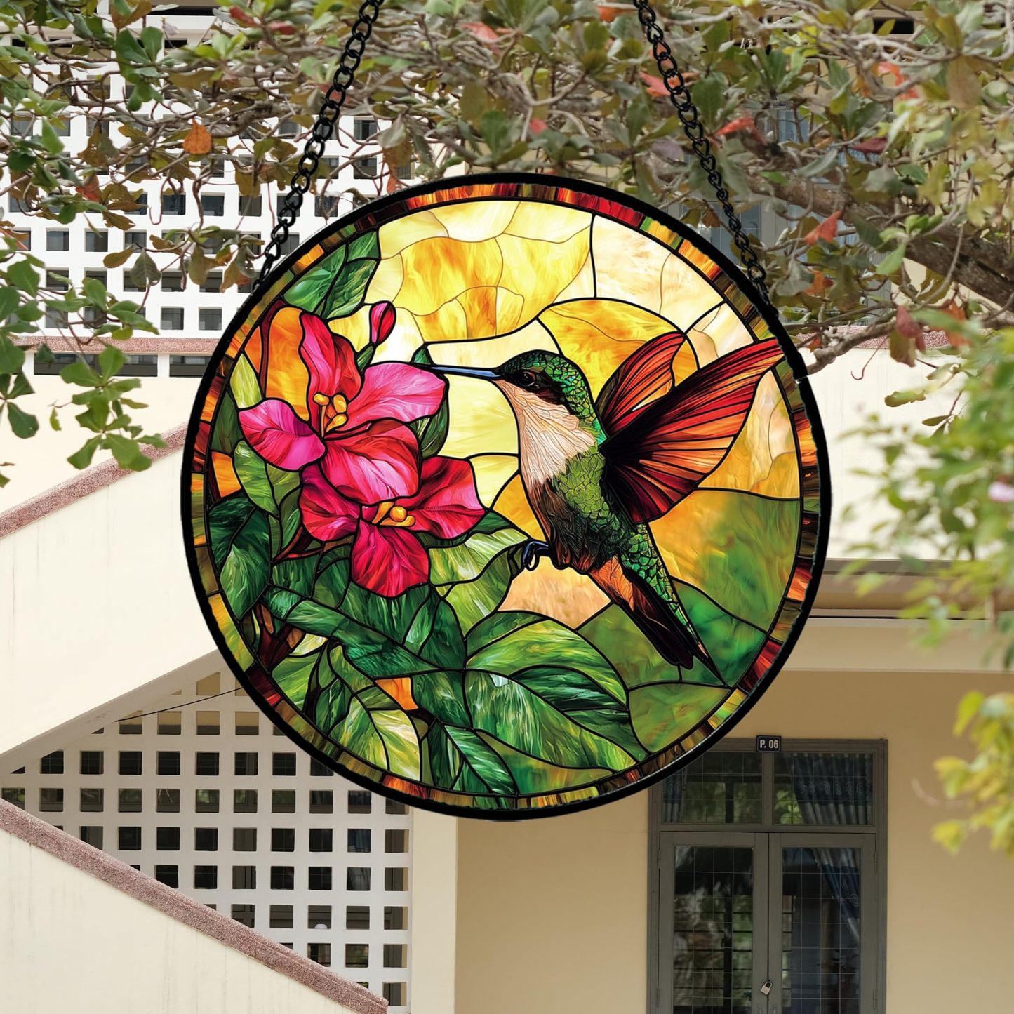 6.3 Inch Hummingbird & Red Flower Stained Glass Suncatcher, Window Hanging Ornament, Birthday & Mother’s Day Gift for Bird Lovers, Mom and Nana