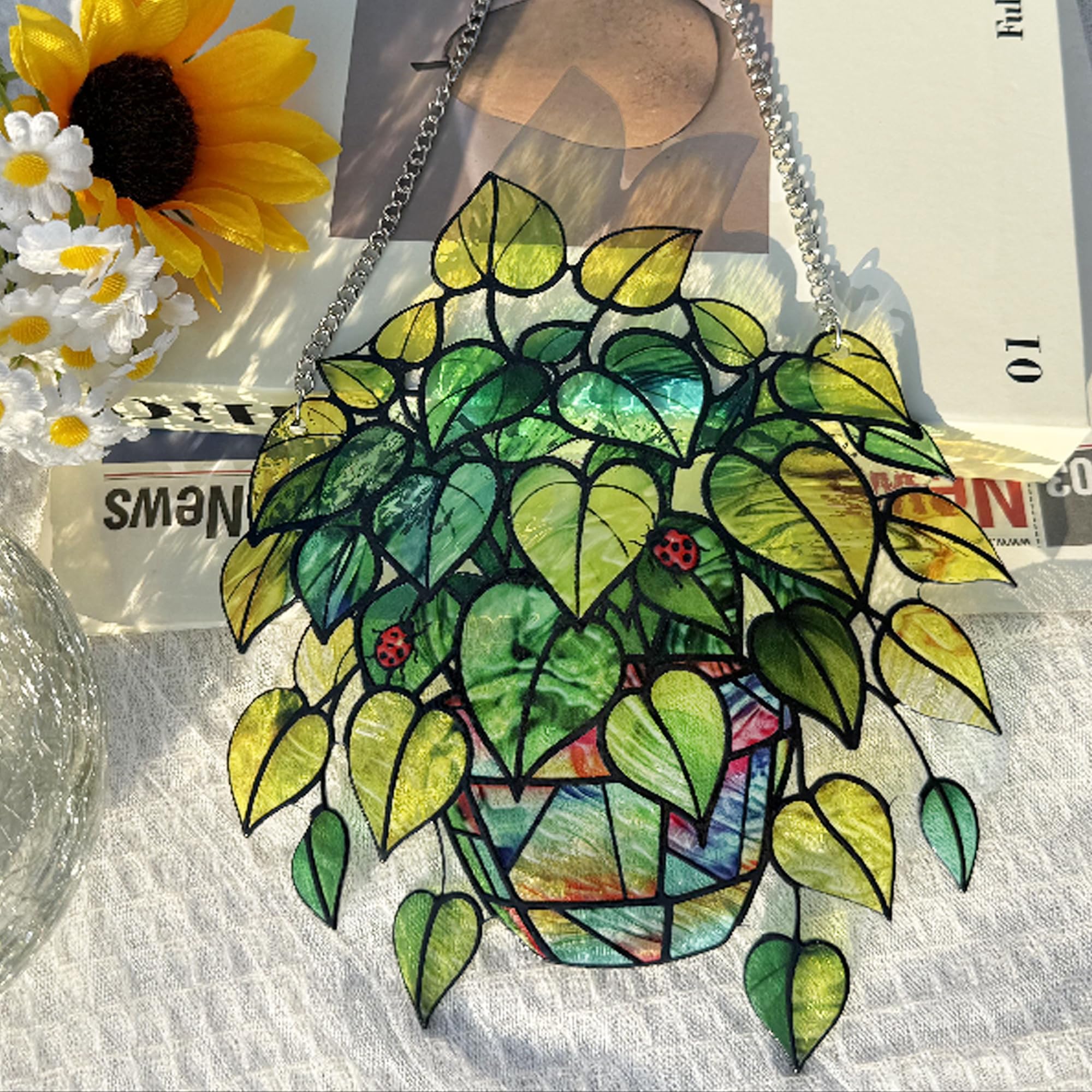 Leaf Plant Stained Glass Suncatcher, Window Hanging Ornament, Unique Gift for Nature Lovers