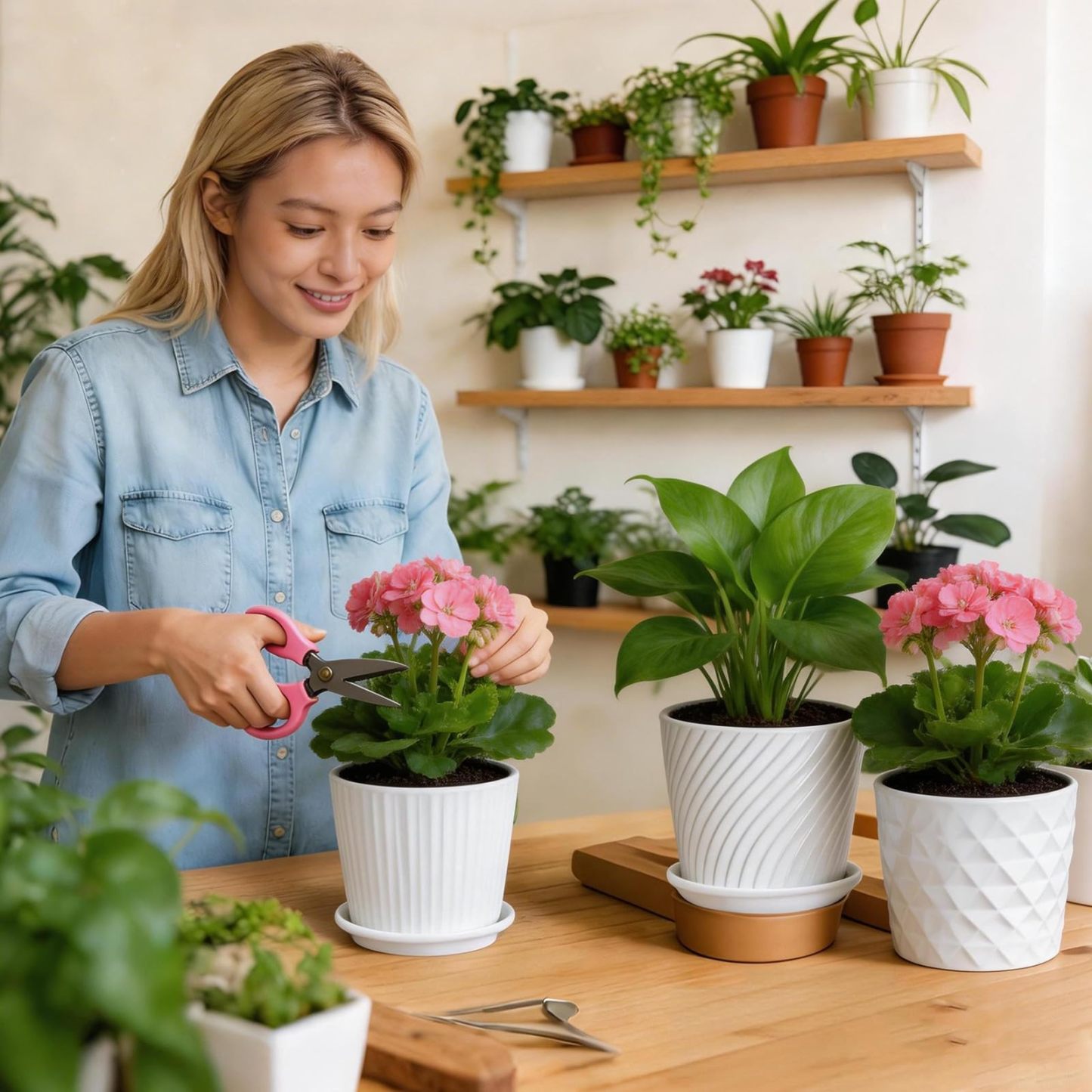 4 Pack 5.5 Inch White Ceramic Planter Set – Cylinder Pots with Connected Saucer  for Succuelnt and Little Snake Plants