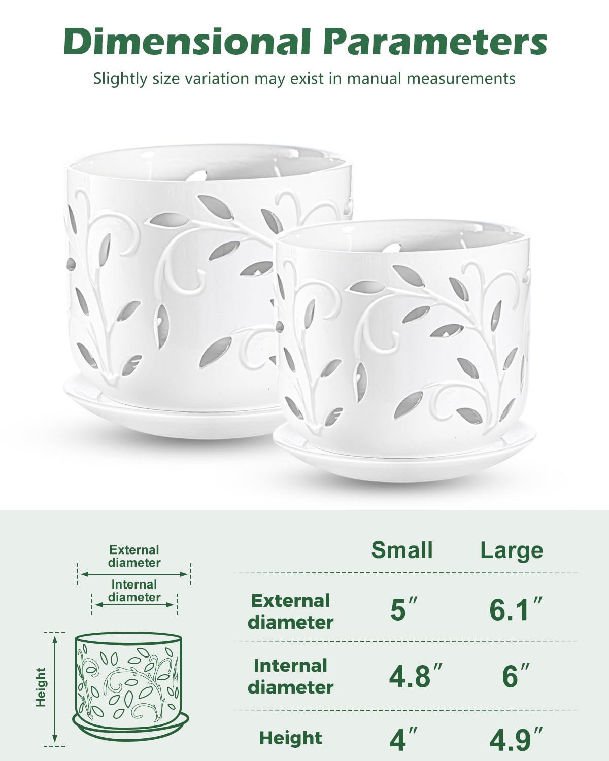 White Ceramic Orchid Pot Set (5 + 6 Inch) with Drainage Holes & Saucers for Indoor & Outdoor Use