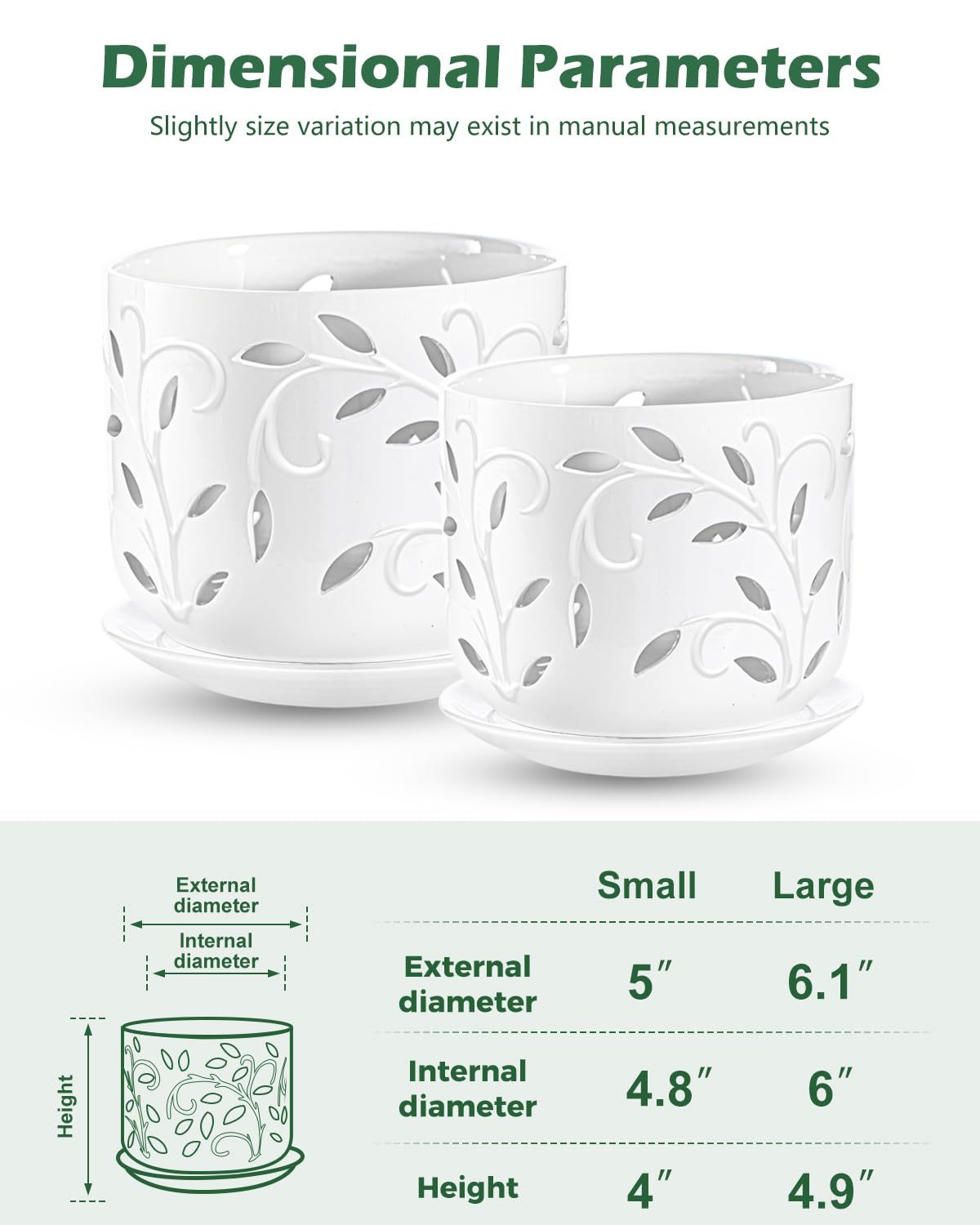 White Ceramic Orchid Pot Set (5 + 6 Inch) with Drainage Holes & Saucers for Indoor & Outdoor Use