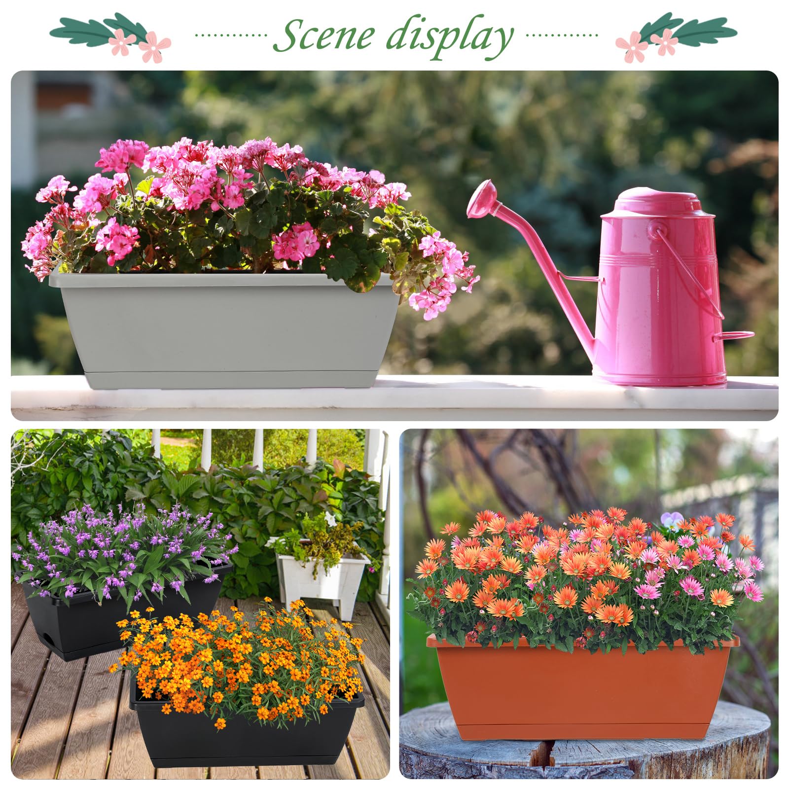 12 Pack 17 Inch Rectangle Plastic Planter Boxes with Drainage Holes & Trays – Flower Pots for Indoor & Outdoor Patio, Garden, Porch & Home Decor