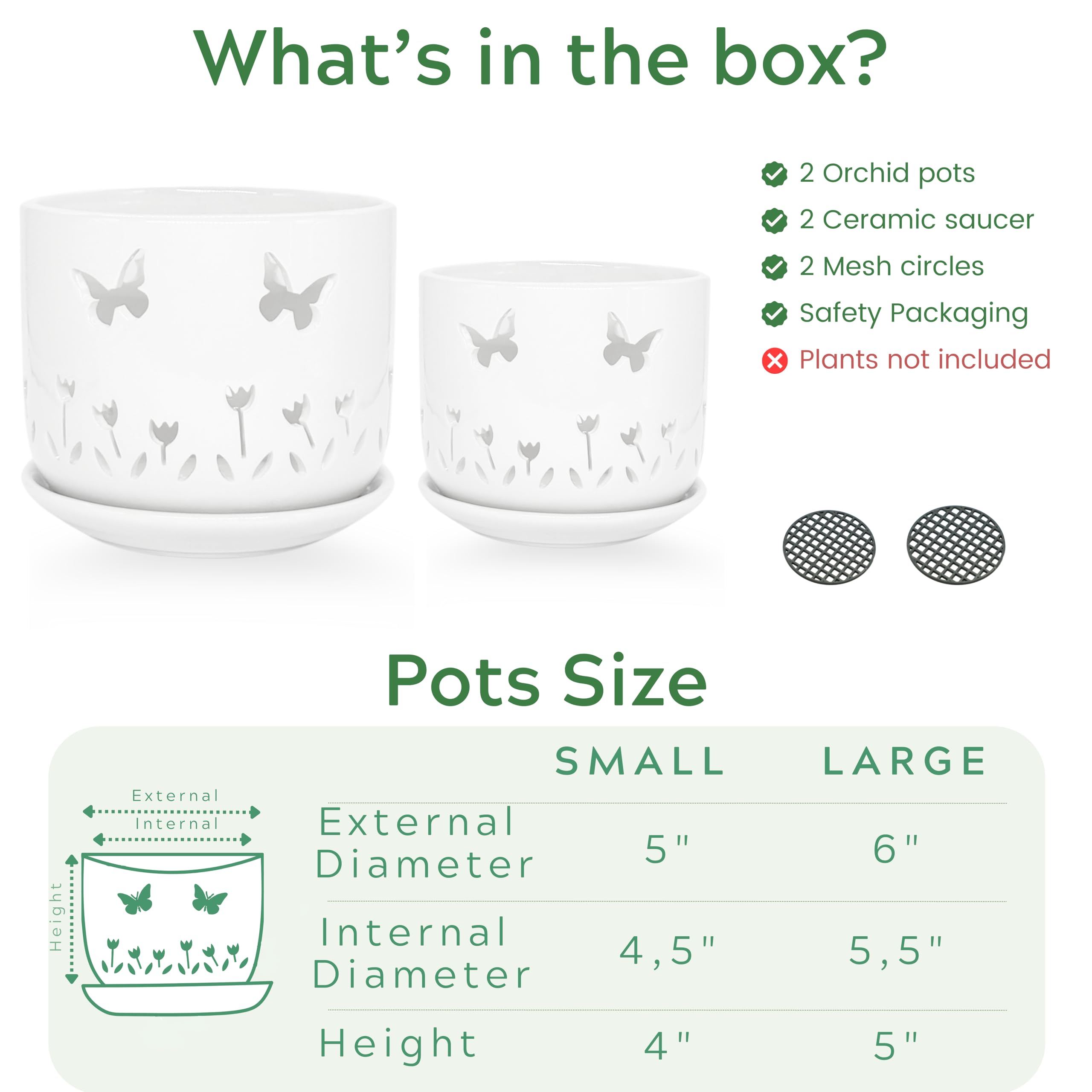 2 Pack White Ceramic Orchid Pots with Butterfly & Tulip Design, 5+6 Inch Planters with Drainage Holes & Saucers for Indoor Outdoor Repotting