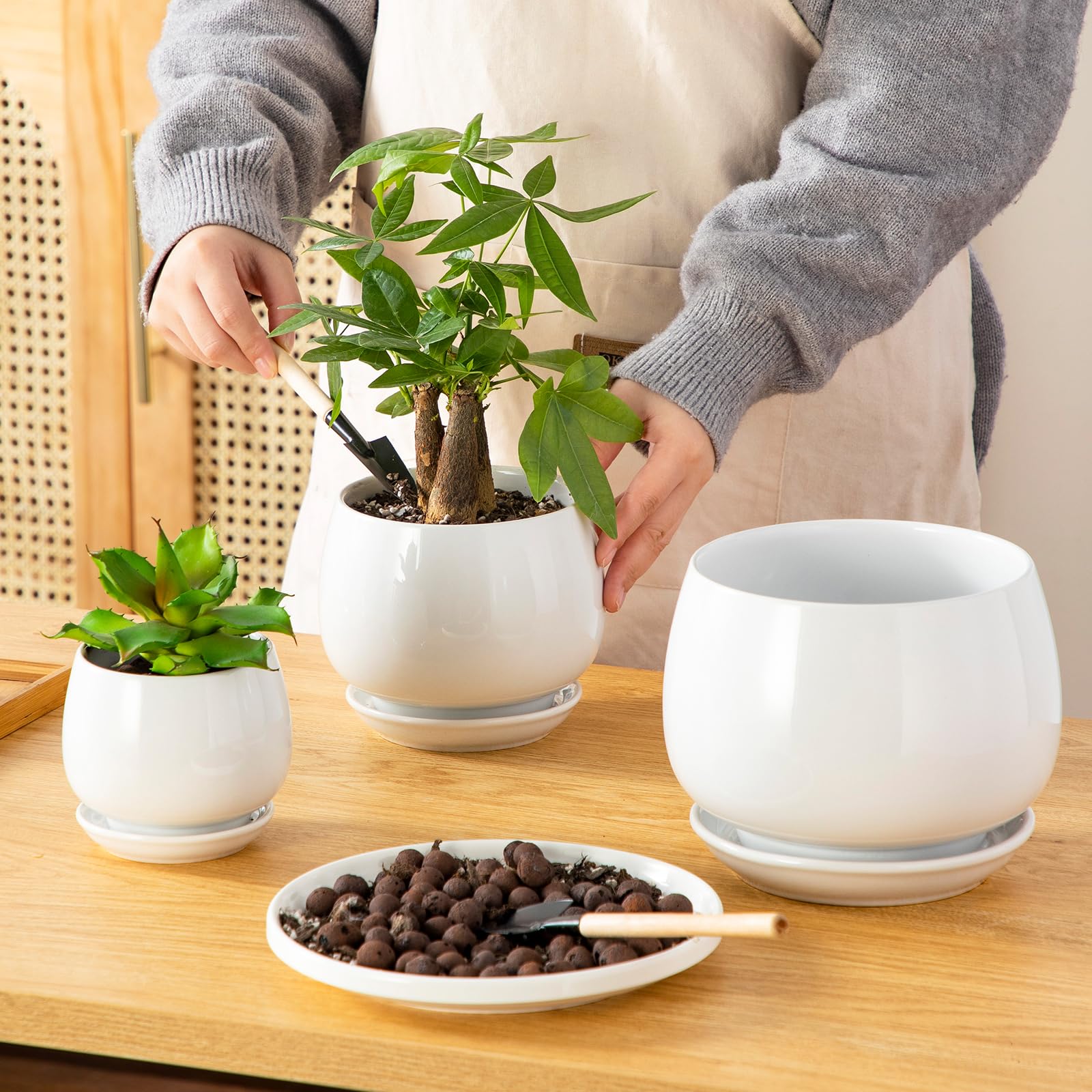 3-Pack White Ceramic Plant Pots, 3.7/4.8/6.2 Inch Indoor Planters with Drainage Holes & Saucers for Indoor Plants & Flowers