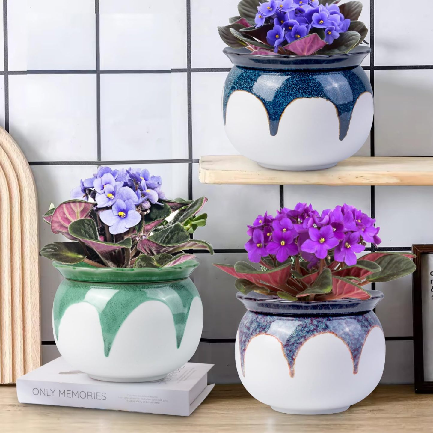 6 Inch Ceramic Self Watering African Violet Pots, Easy Planters for Busy Plant Lovers, Automatic Water Absorption for Indoor Plants (Plants Not Included)