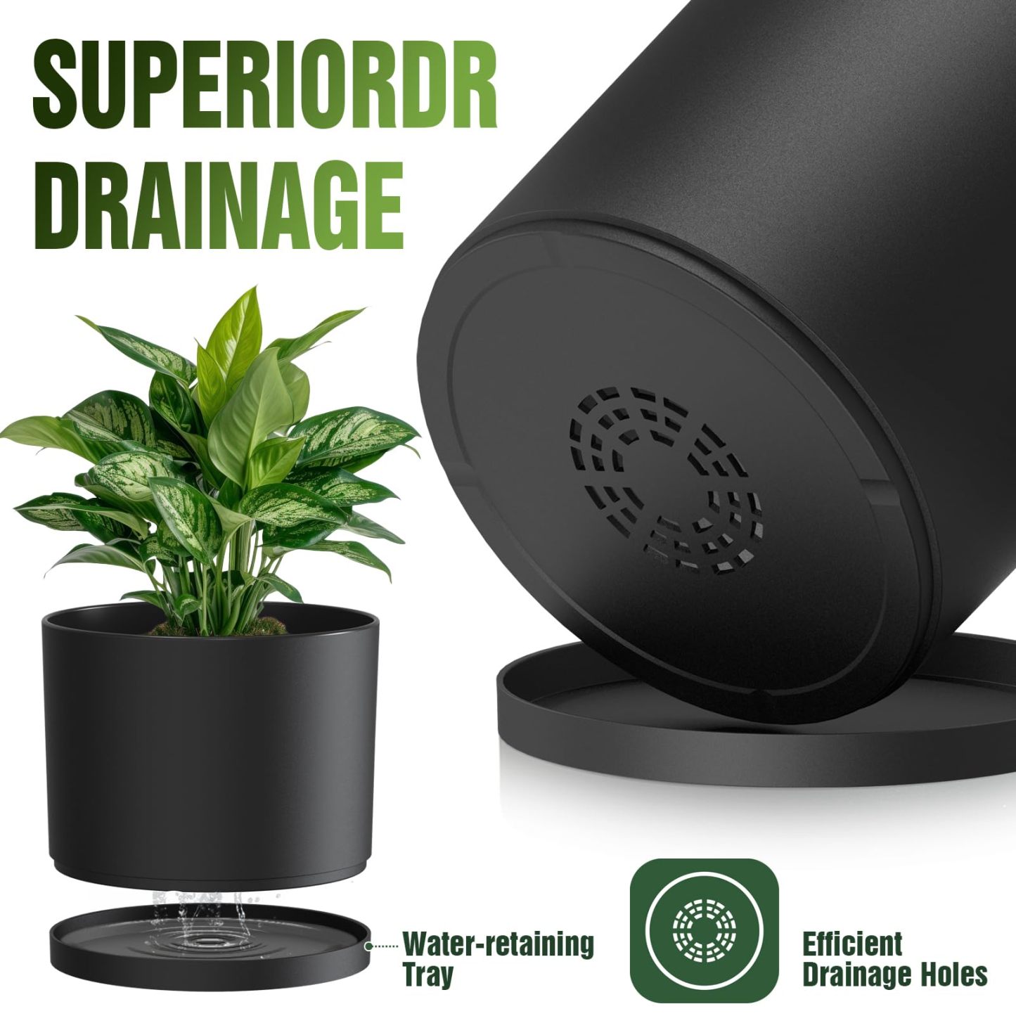 10/9/8 Inch Modern Cylinder Plant Pots with Drainage Holes & Trays, 3 Pack Minimalist Planters for Indoor & Outdoor Use, Perfect for Monstera, Snake Plant & More