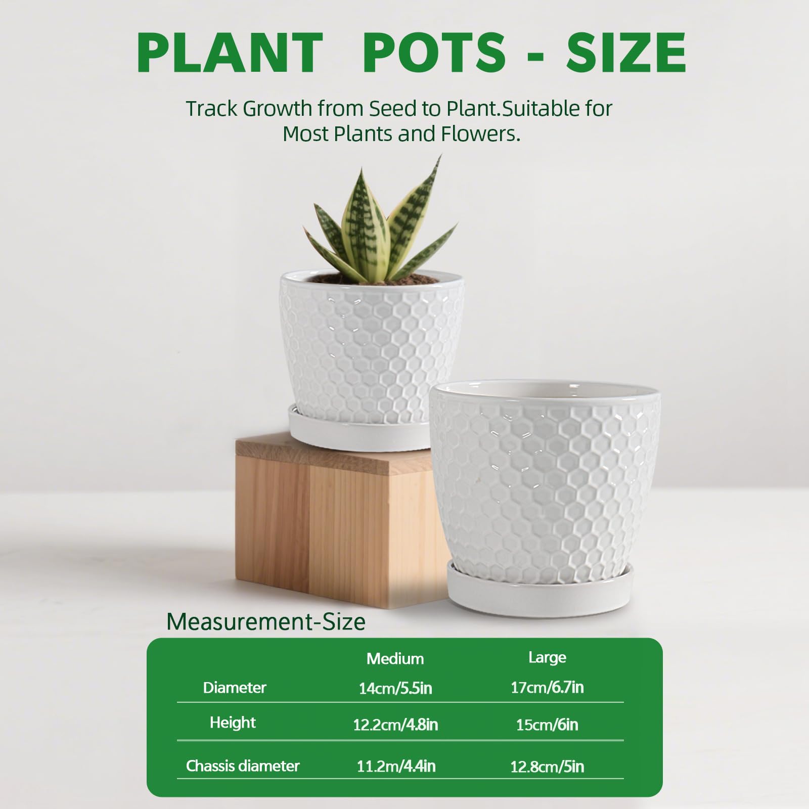 Ceramic Plant Pots Set of 2 (6.6" +5.5"), High-Fired Clay Planters with Drainage Holes & Saucers, Modern Honeycomb Design Home Decor for All Indoor House Plants