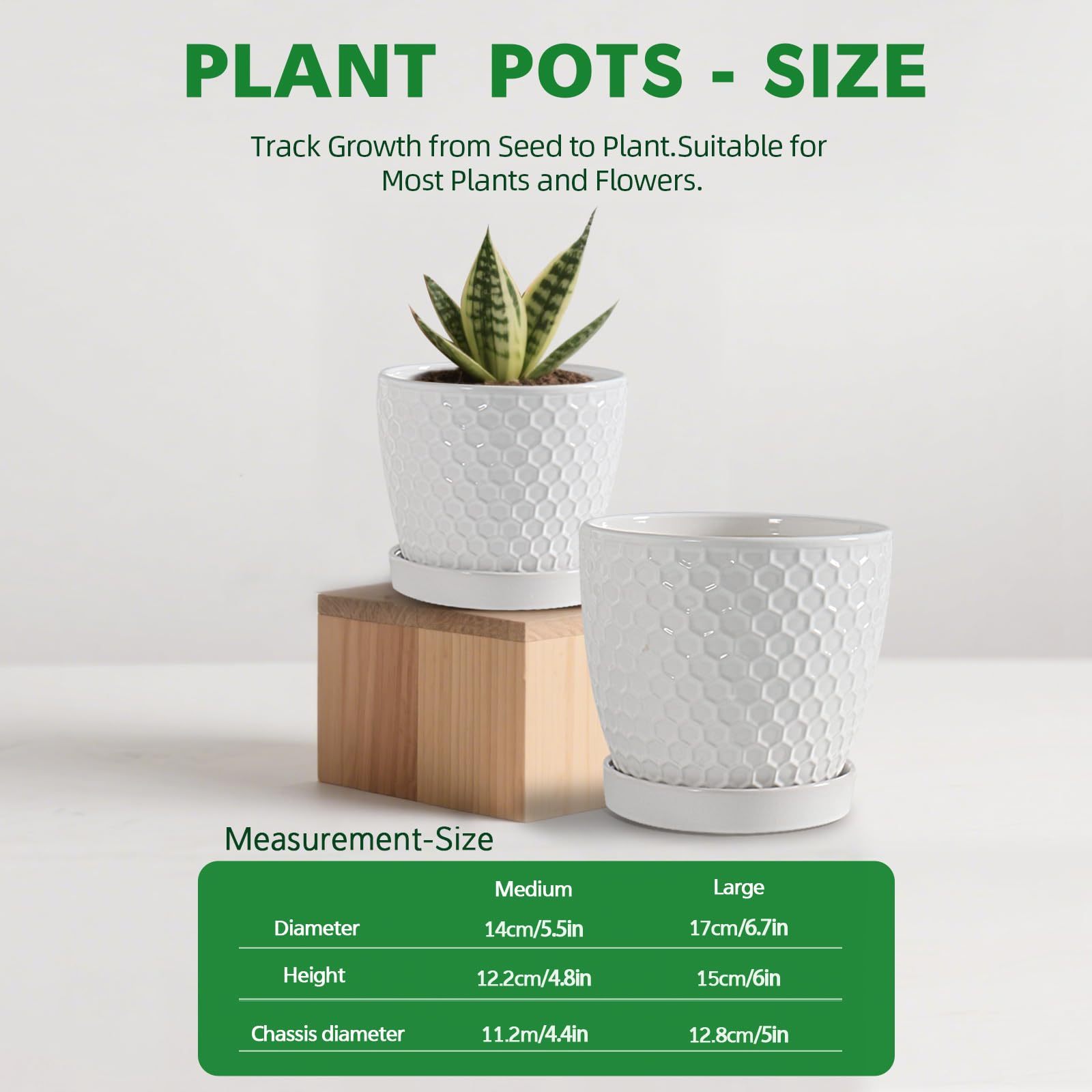 Ceramic Plant Pots Set of 2 (6.6" +5.5"), High-Fired Clay Planters with Drainage Holes & Saucers, Modern Honeycomb Design Home Decor for All Indoor House Plants