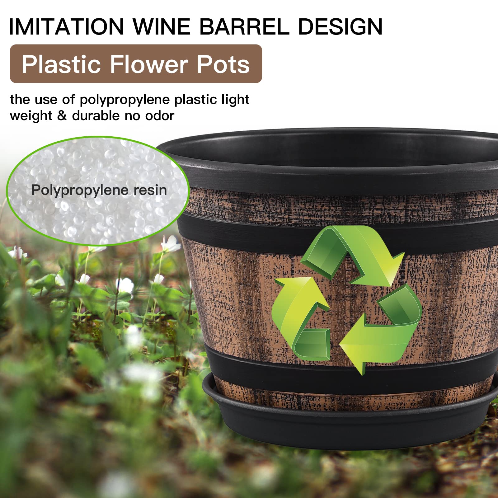 3 Pack 10 Inch Whiskey Barrel Planters, Plastic Flower Pots with Drainage Holes & Saucers, Imitation Wine Barrel Design for Indoor & Outdoor Garden & Home Decor (Brown)