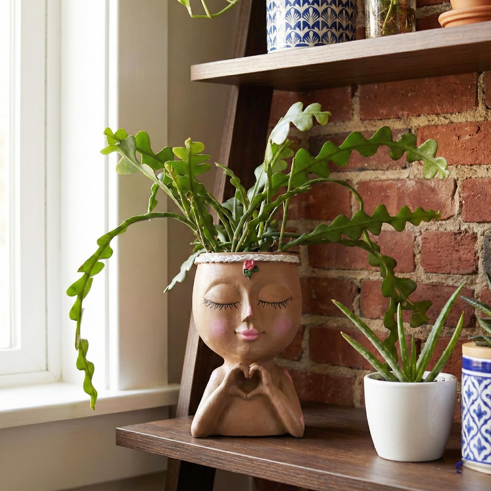 7.3" Heart Hands Face Planter Pot, Resin Head Planter with Drainage Hole, Cute Succulent Planter for Indoor Plants, Gardening Gift for Women, Mom & Teacher