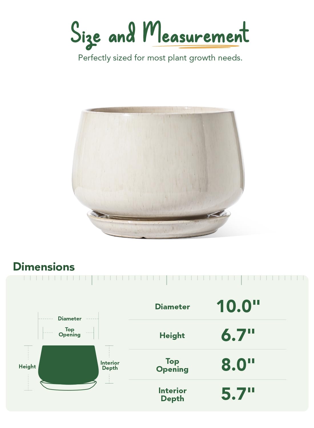 10 Inch Ceramic Planter with Drainage Hole & Saucer – Reactive Glaze Beige Indoor Plant Pot for Modern Home Decor