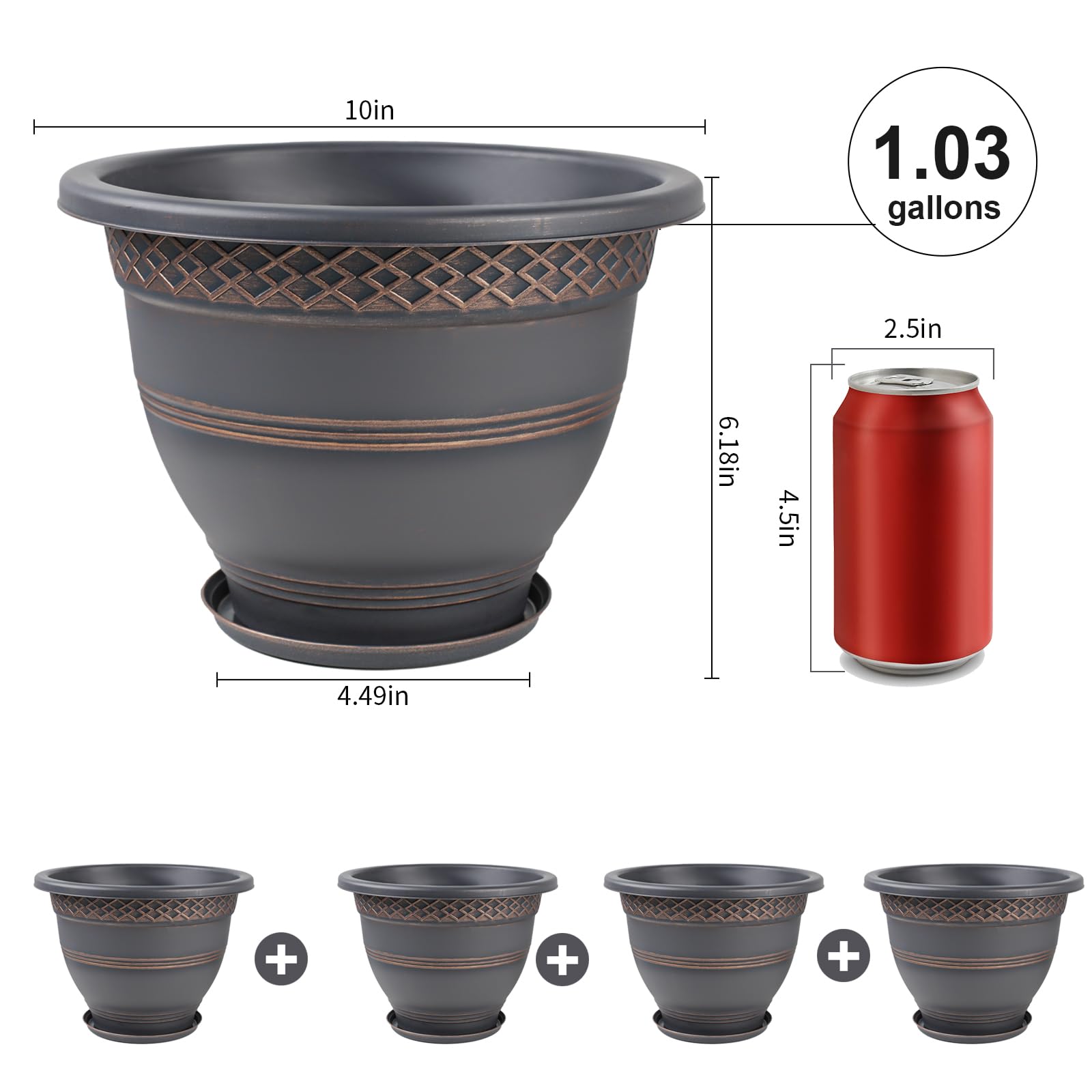 4 Pack 10 Inch Plastic Plant Pots with Drainage Holes & Saucers, Plaid Pattern Planters for Indoor Outdoor Herbs & Garden
