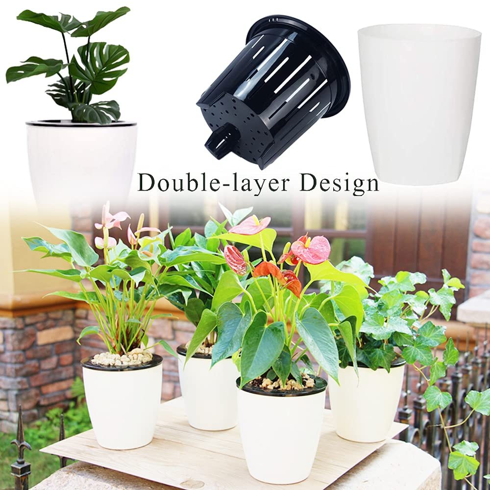 12 PCS 4 Inch Self Watering Plastic Planters with Inner Pot, White Flower Pots for Herbs, Succulents & All House Plants