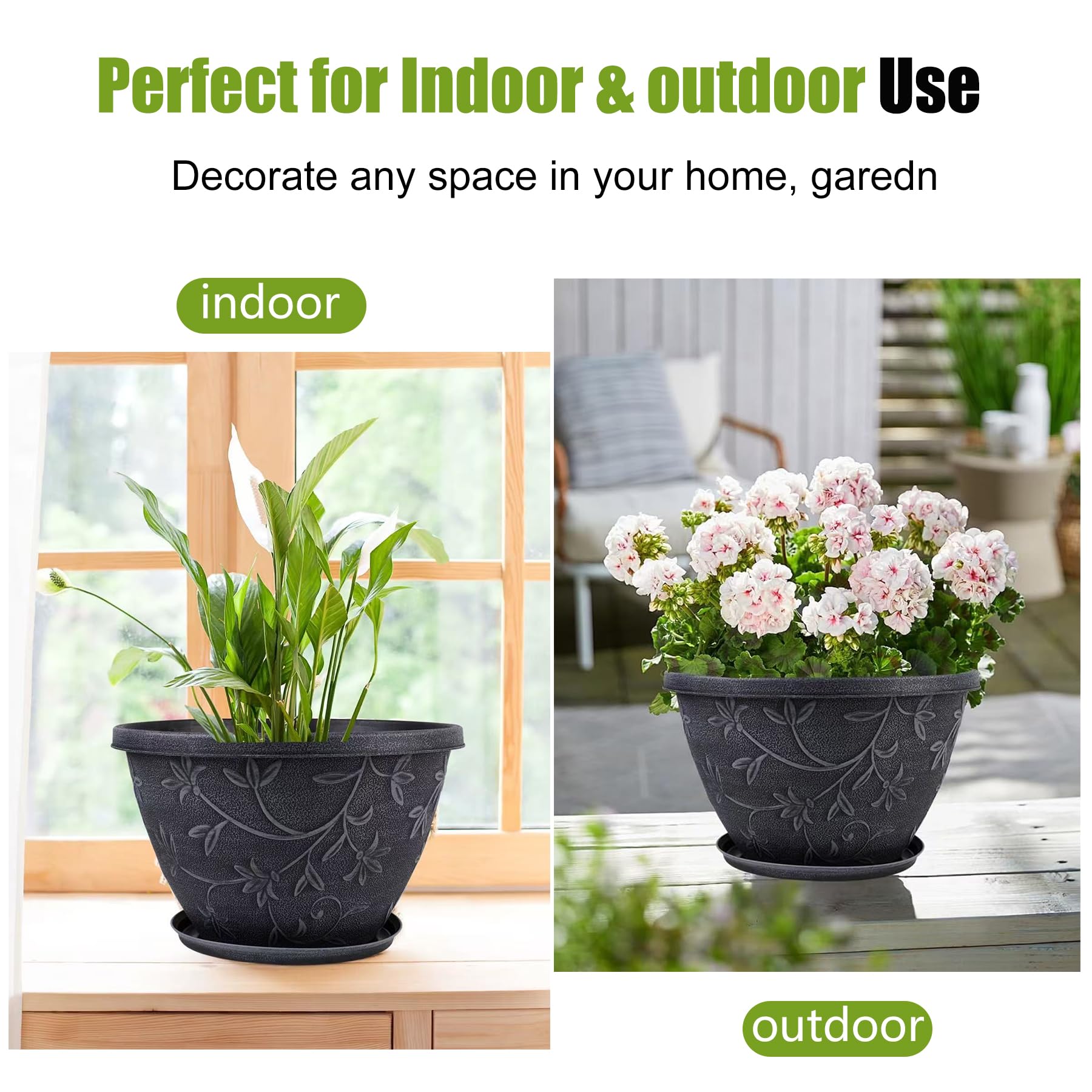 4 Pack 10 Inch Gray Imitation Magnolia Plant Pots, Lightweight Plastic Resin Flower Pots with Drainage Hole & Saucer for Indoor Outdoor Garden Home
